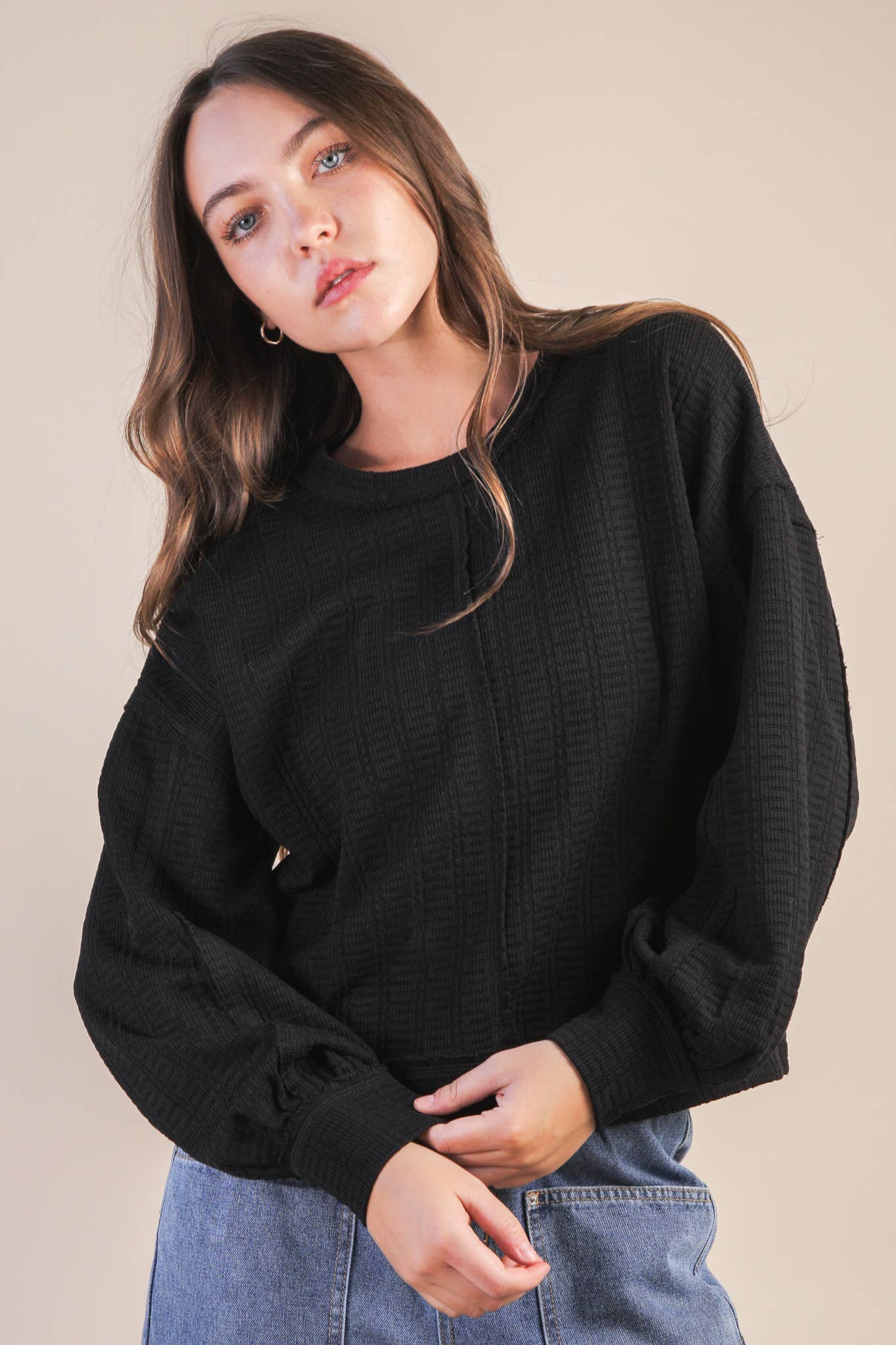VERY J - NT12413-Raw Edge Detail Oversized Textured Knit Top