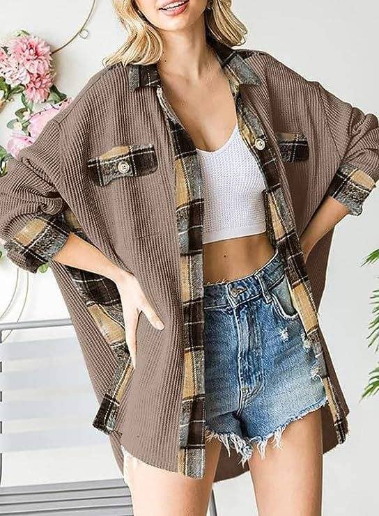 Sleeve top melliflo waffle knit plaid shacket