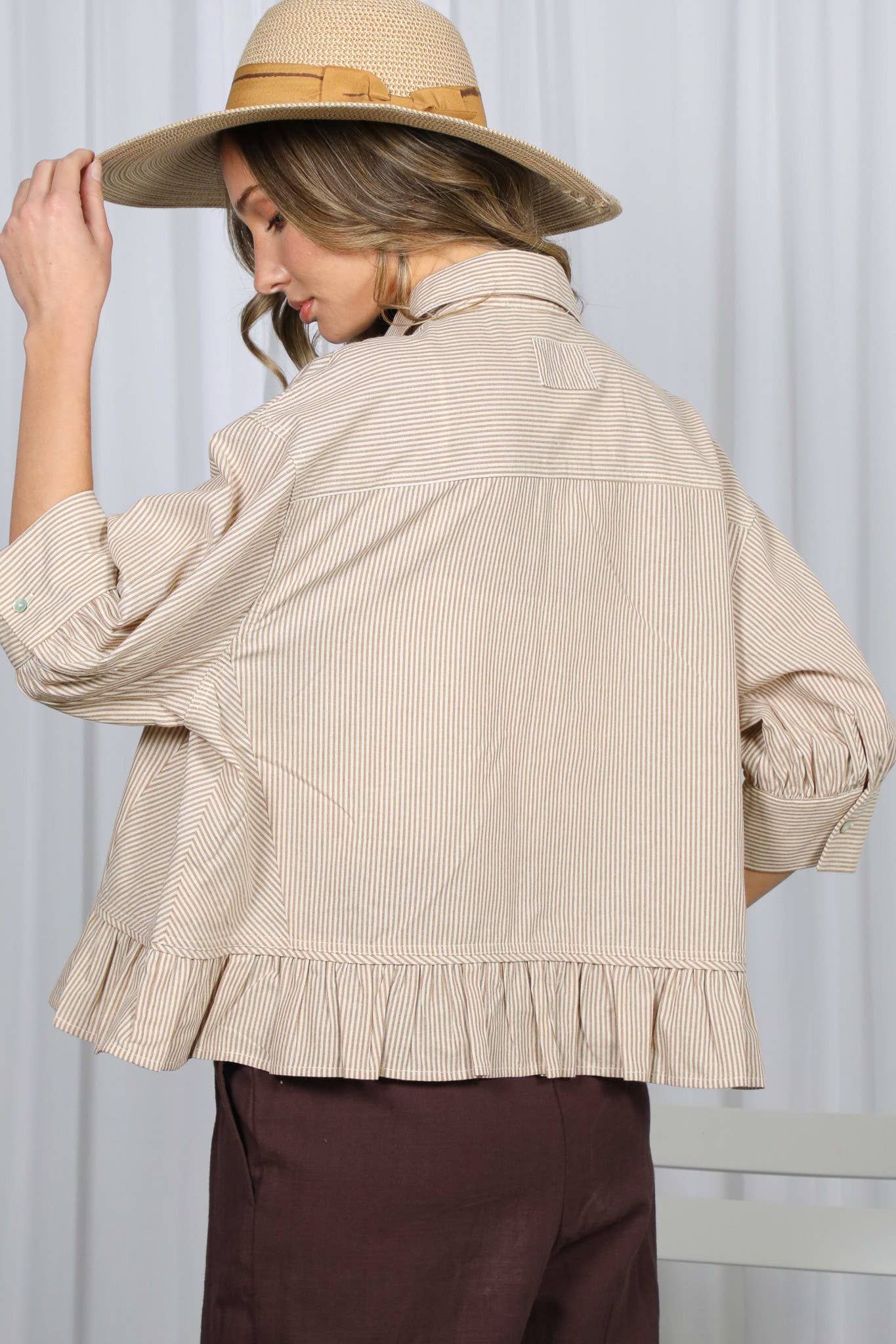 Pocket Detail Ruffle Hem 100%Cotton Striped Shirt VT82772A