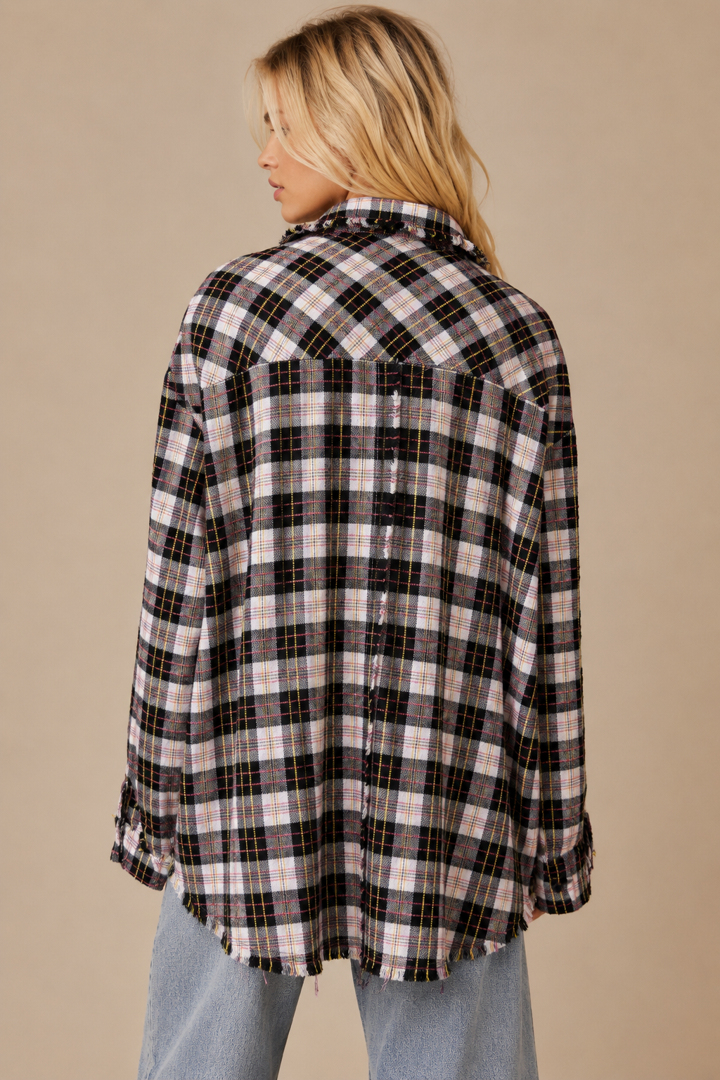 J.NNA - Frayed Hem Plaid Oversized Flannel Button-Down Shirt