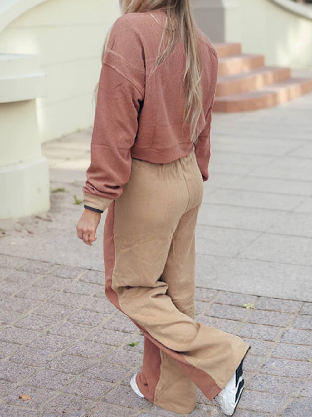 Color Block Long Sleeve Crop Top Drawstring Pant Set