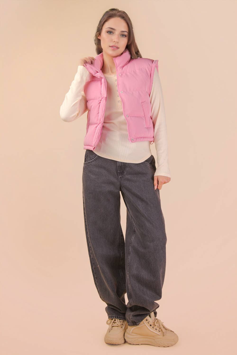 NJ90283-Mock Neck Casual Puffer Vest