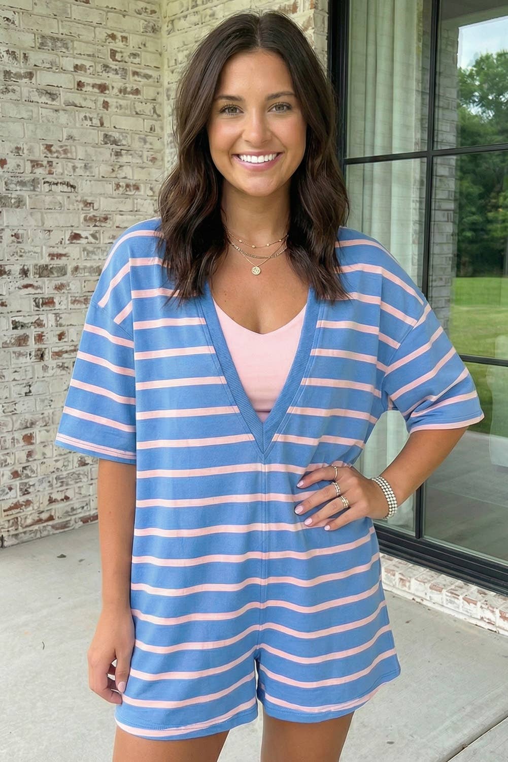 Stripe VNeck Loose Fit Romper
