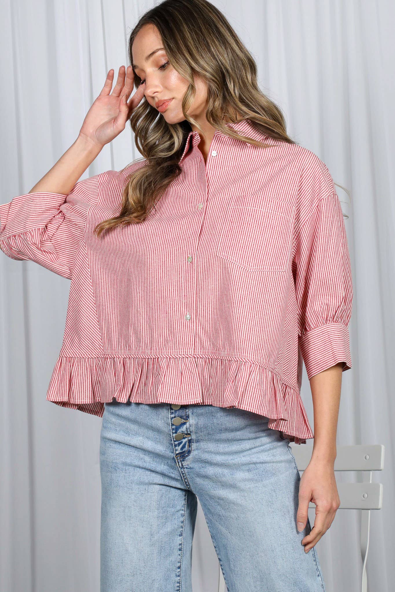 Pocket Detail Ruffle Hem 100%Cotton Striped Shirt VT82772A
