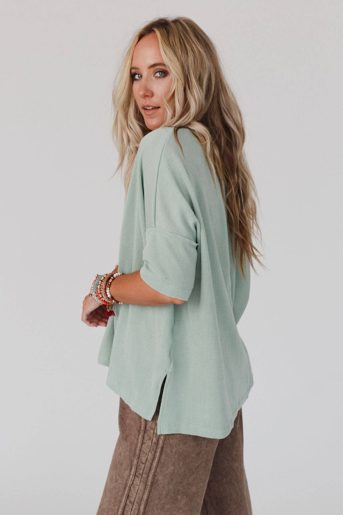 Three Bird Nest - On The Go V Neck Ribbed Essential Tee - Sage