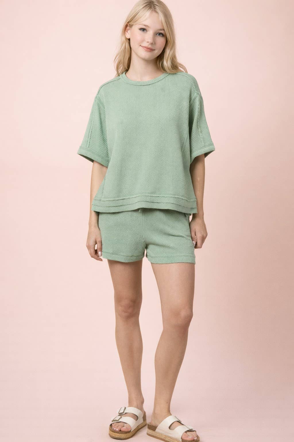 VERY J - NT12686SET-Ribbed Knit Comfy Top & Shorts Set