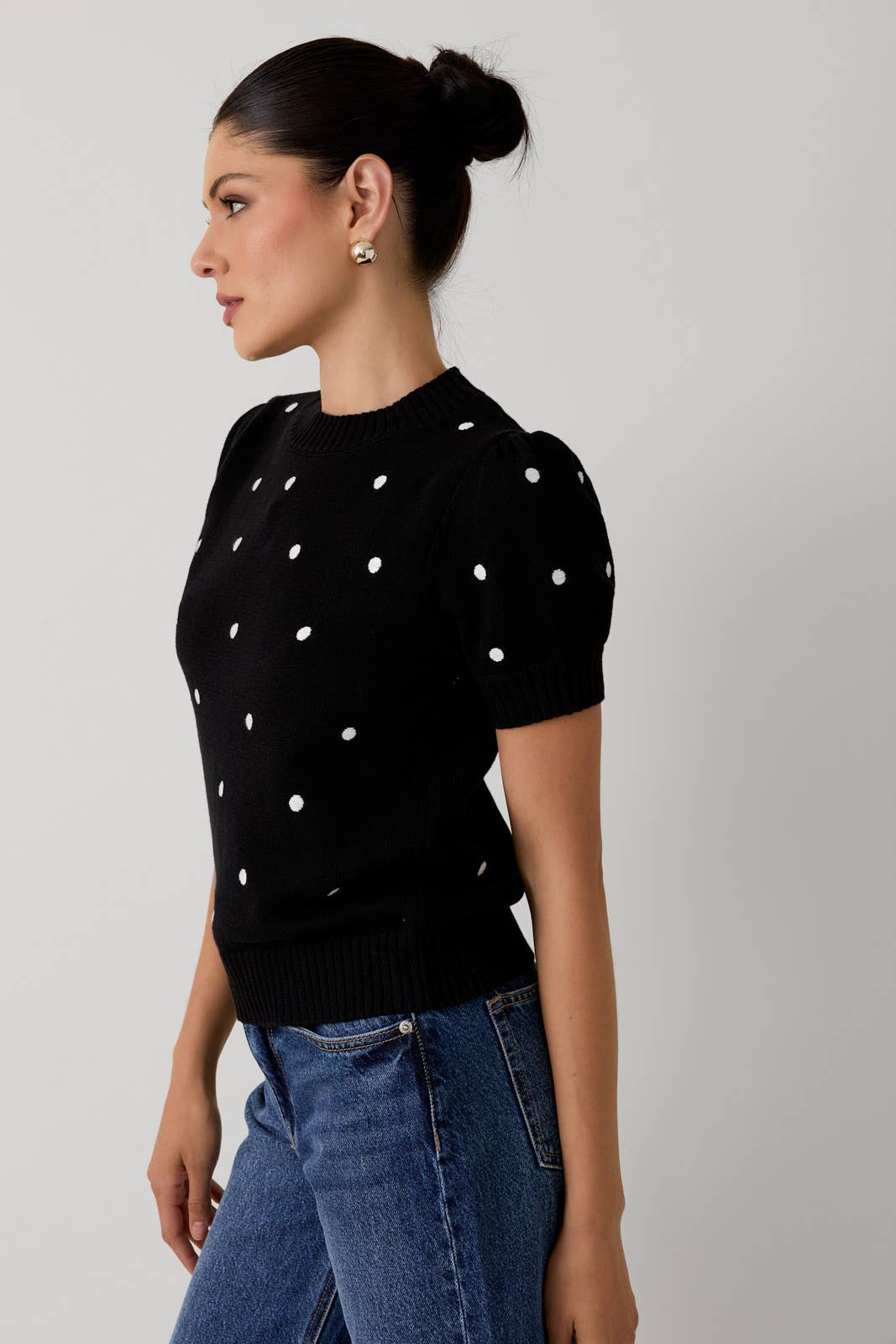 Sunday Edition - ROUND NECK PUFF SHORT SLEEVE "POLKA DOT" EMBROIDERED SWEATER