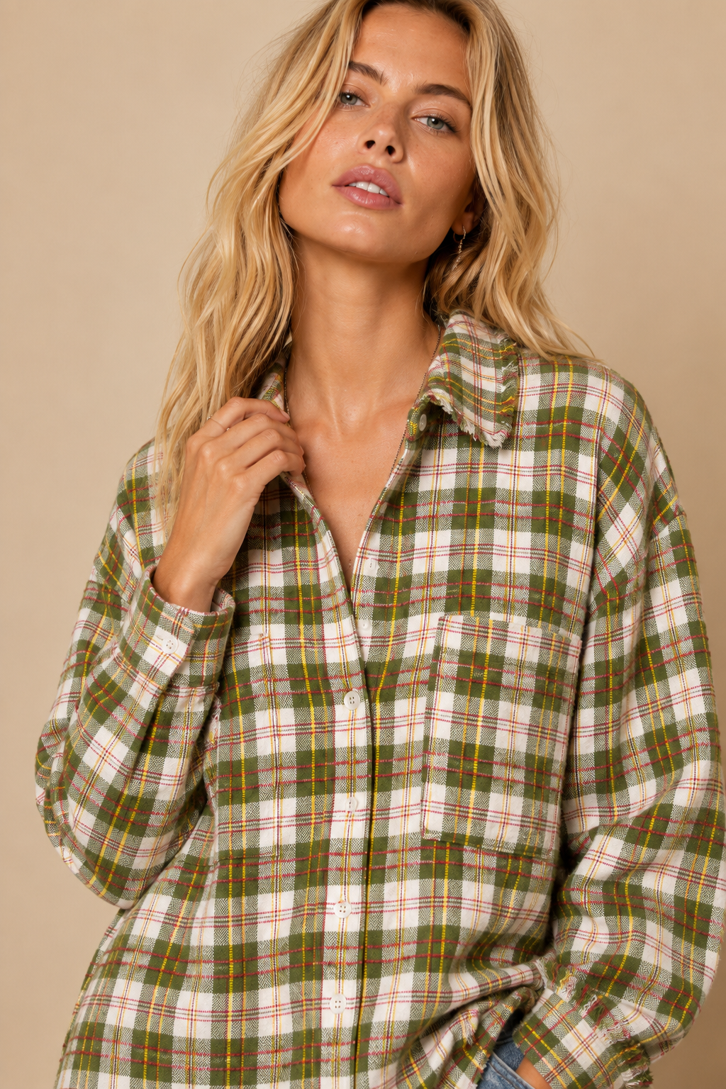 J.NNA - Frayed Hem Plaid Oversized Flannel Button-Down Shirt