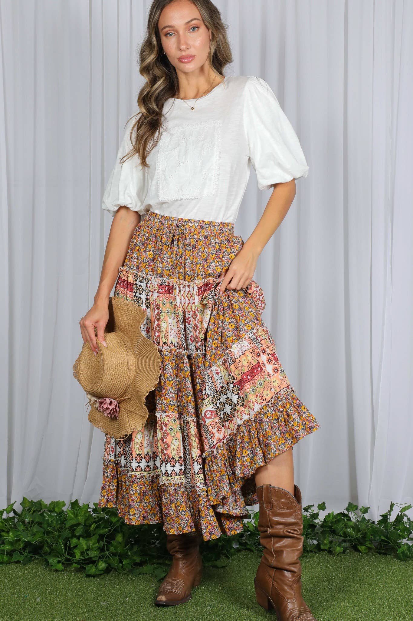 Patchwork Floral Print Bohemian-Inspired Maxi Skirt VS83041
