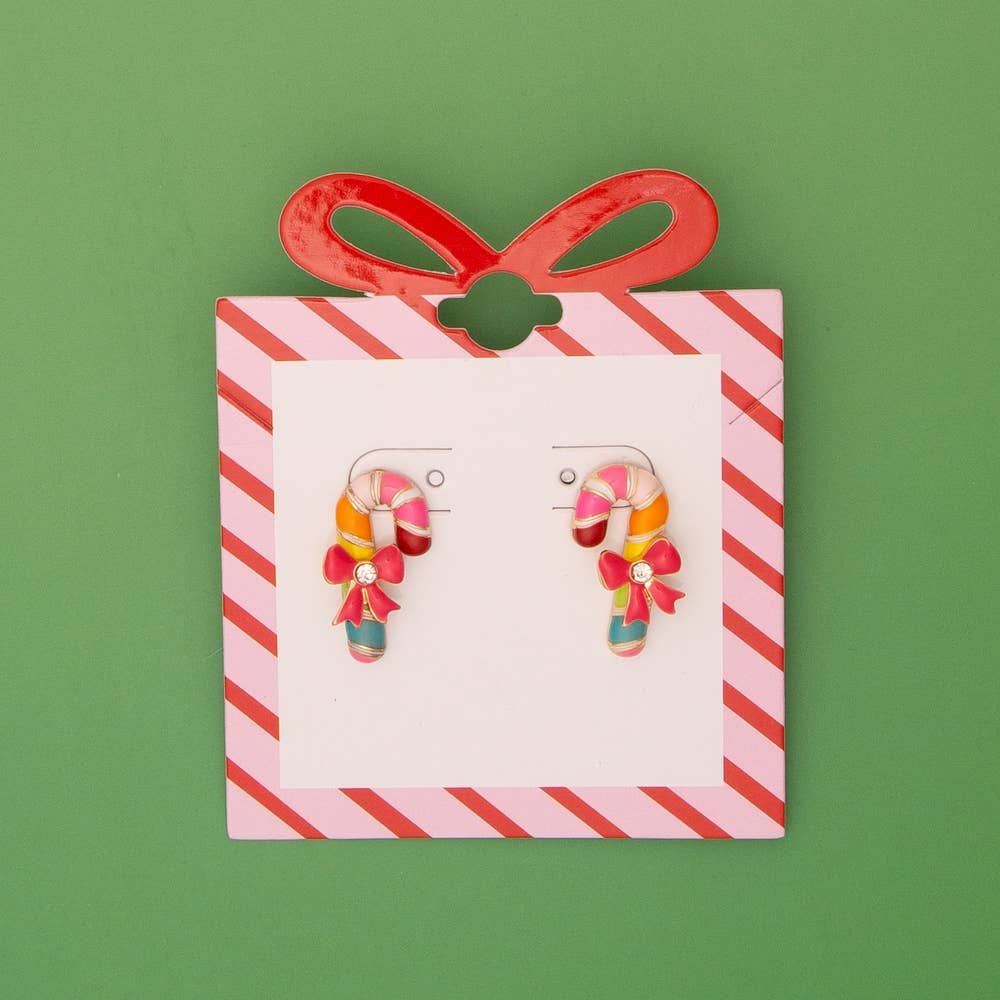 SP Sophia Collection - Christmas Enamel Bowed Candy Cane Post Earrings