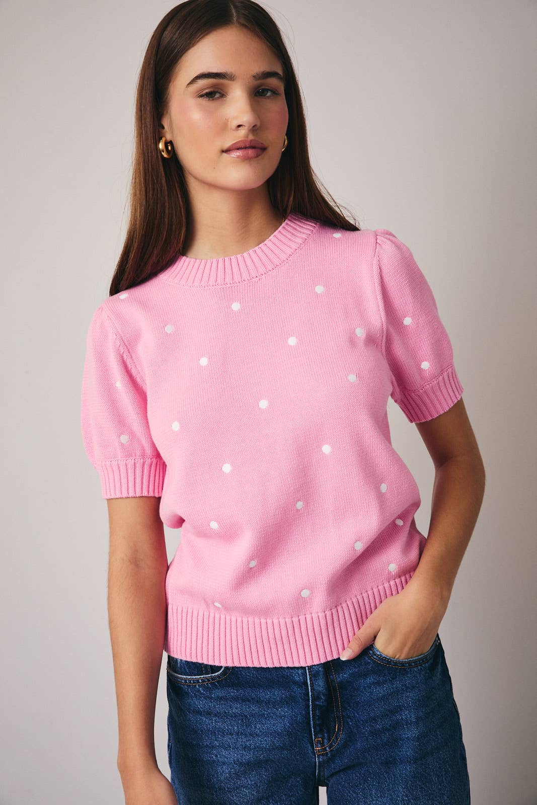 Sunday Edition - ROUND NECK PUFF SHORT SLEEVE "POLKA DOT" EMBROIDERED SWEATER