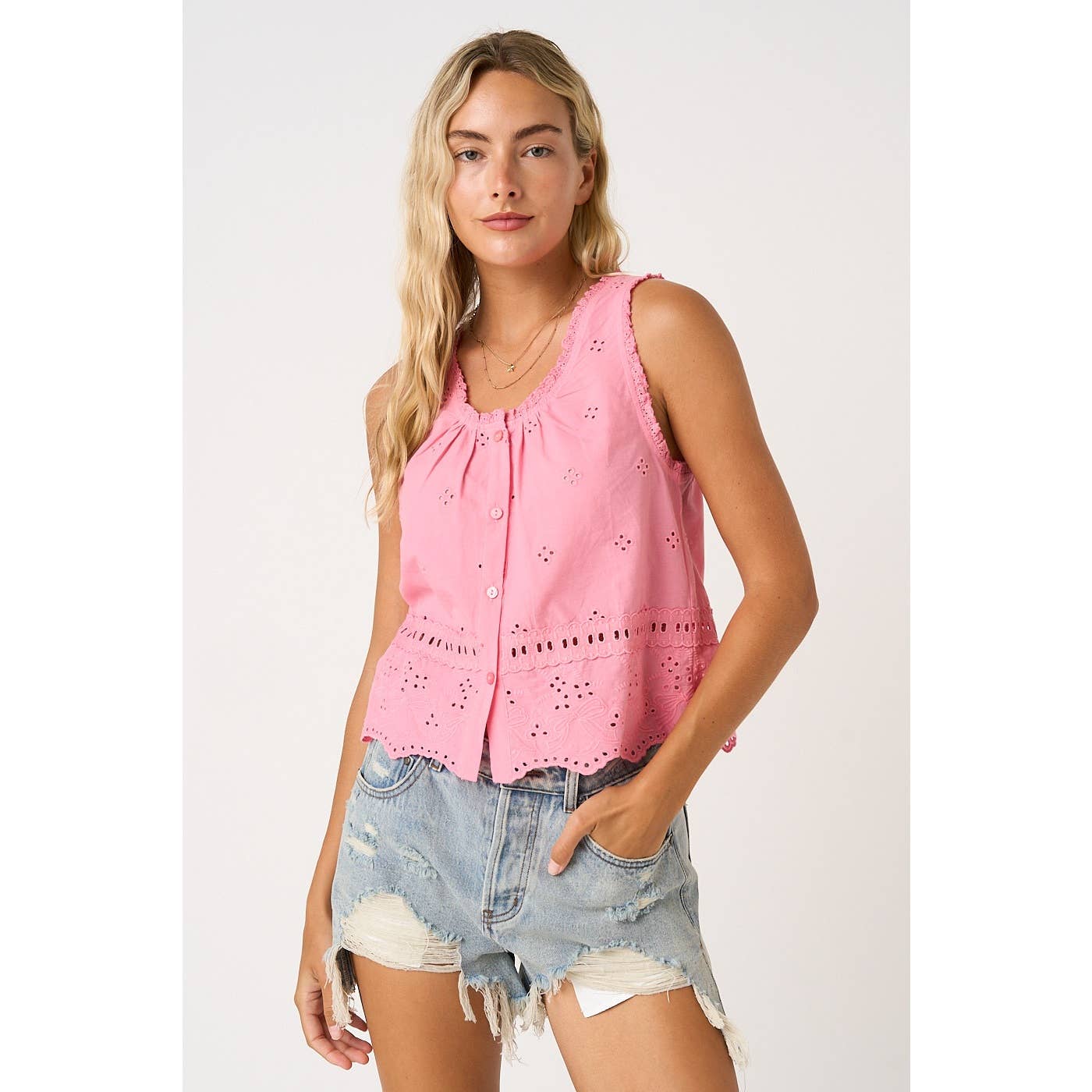 mittoshop - EMBROIDERED EYELET BUTTON FRONT TANK TOP