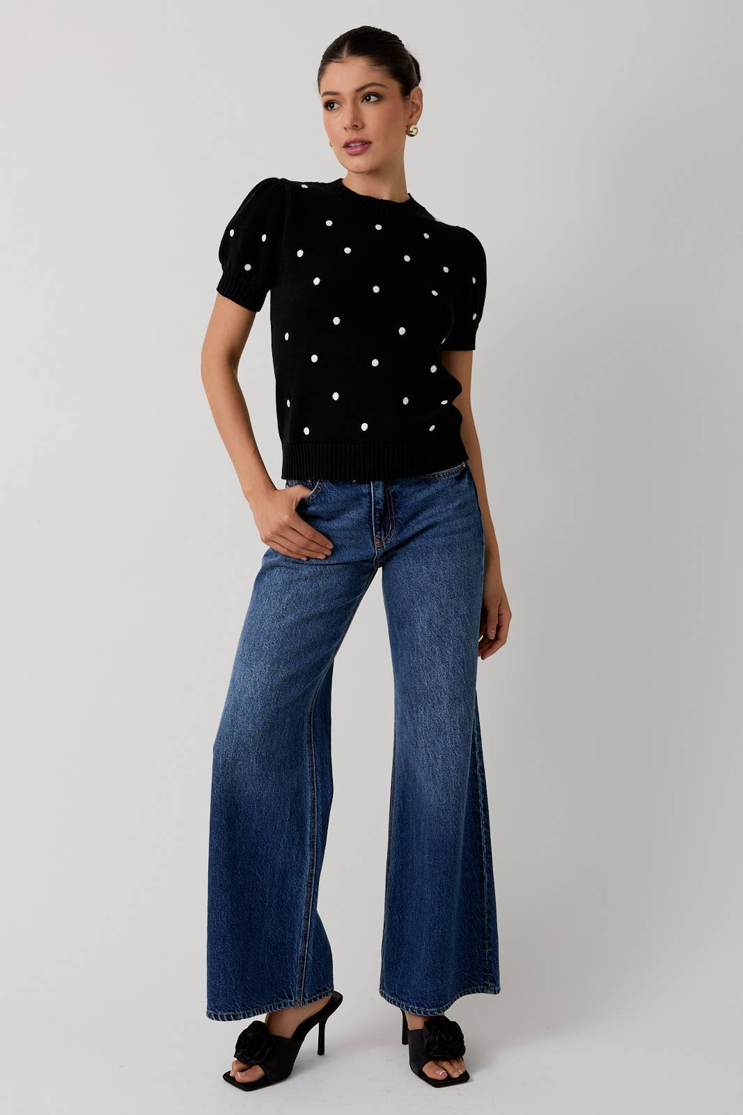 Sunday Edition - ROUND NECK PUFF SHORT SLEEVE "POLKA DOT" EMBROIDERED SWEATER