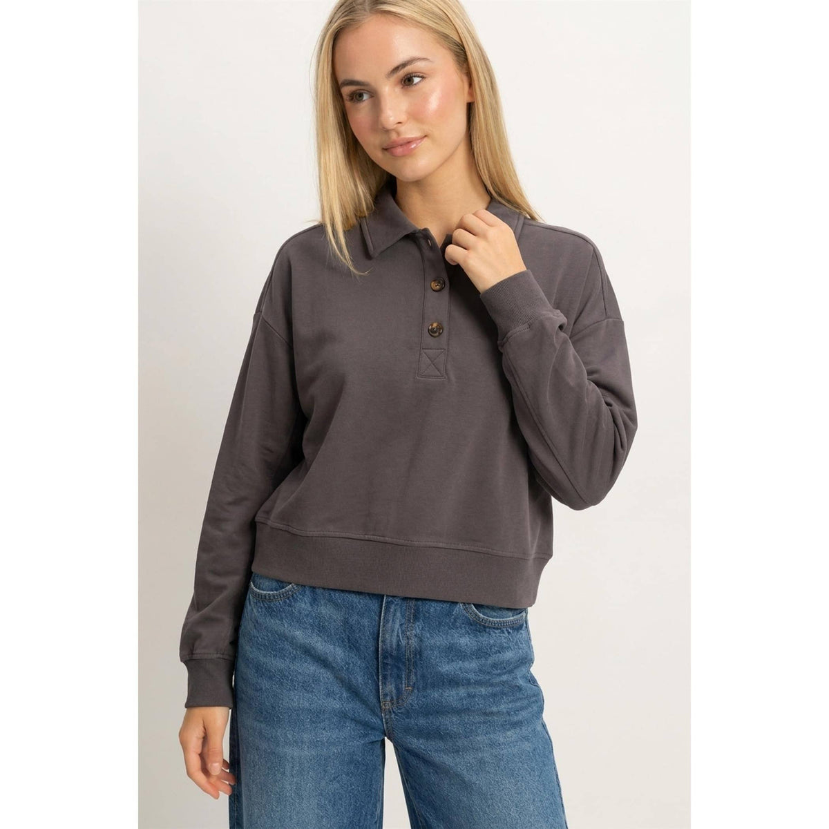 Double Zero - Washed Button-Front Collared Sweatshirt