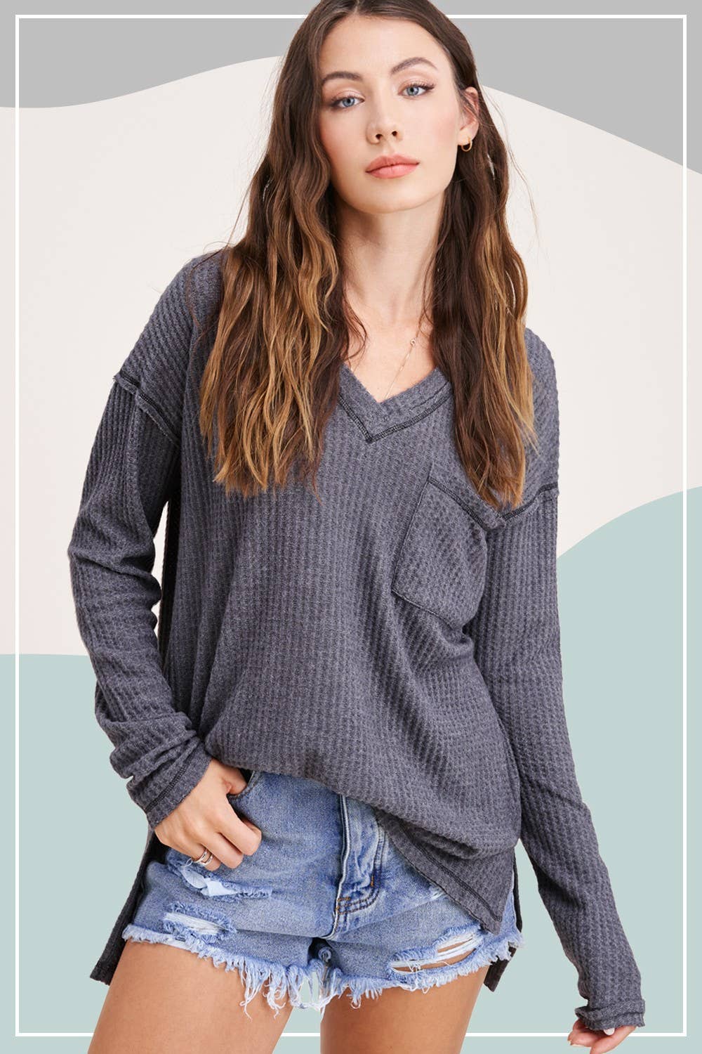JAT7555-Stretchy Brushed Waffle V-neck Long Sleeve Top