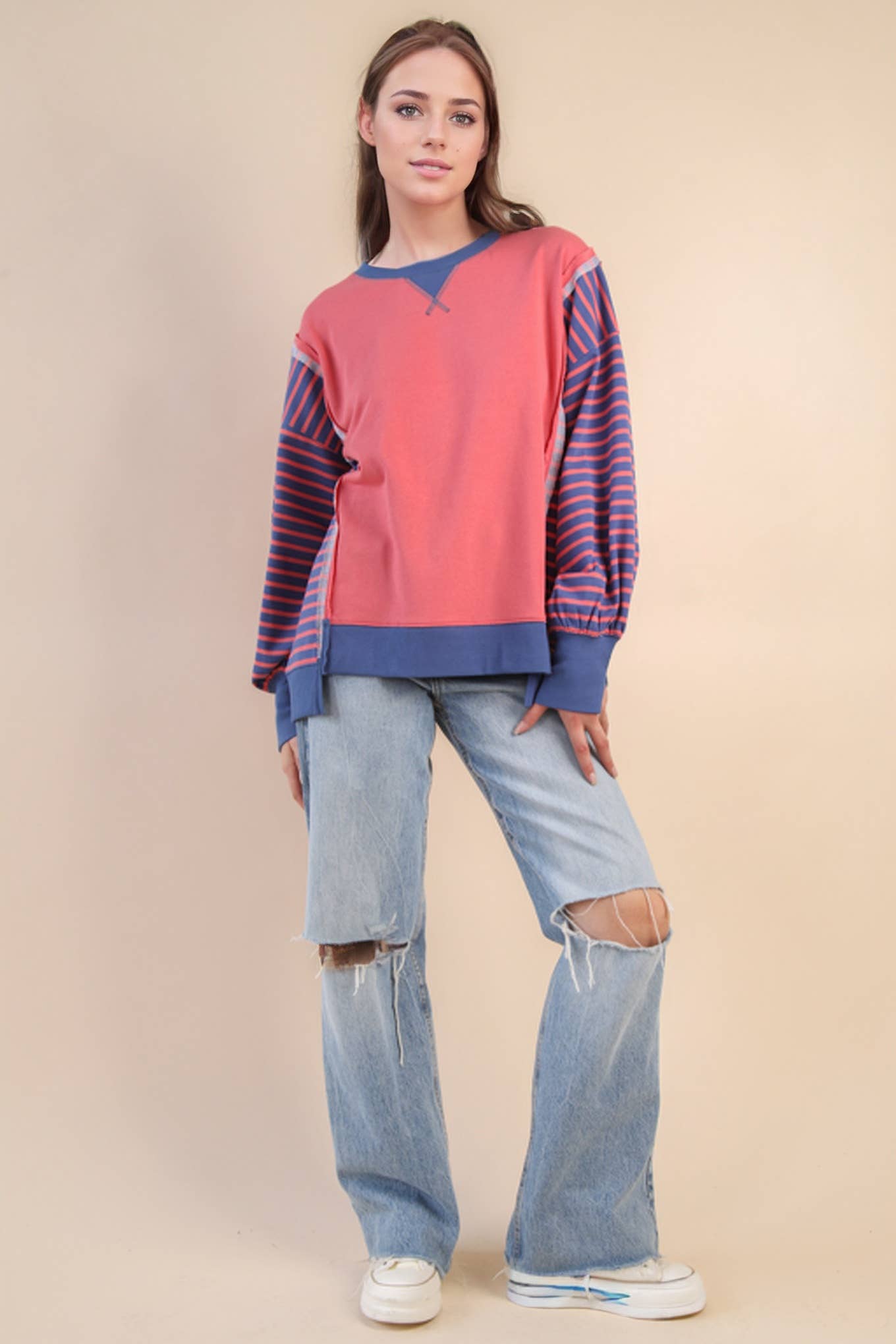 NT12221-Oversized Striped Casual Knit Top