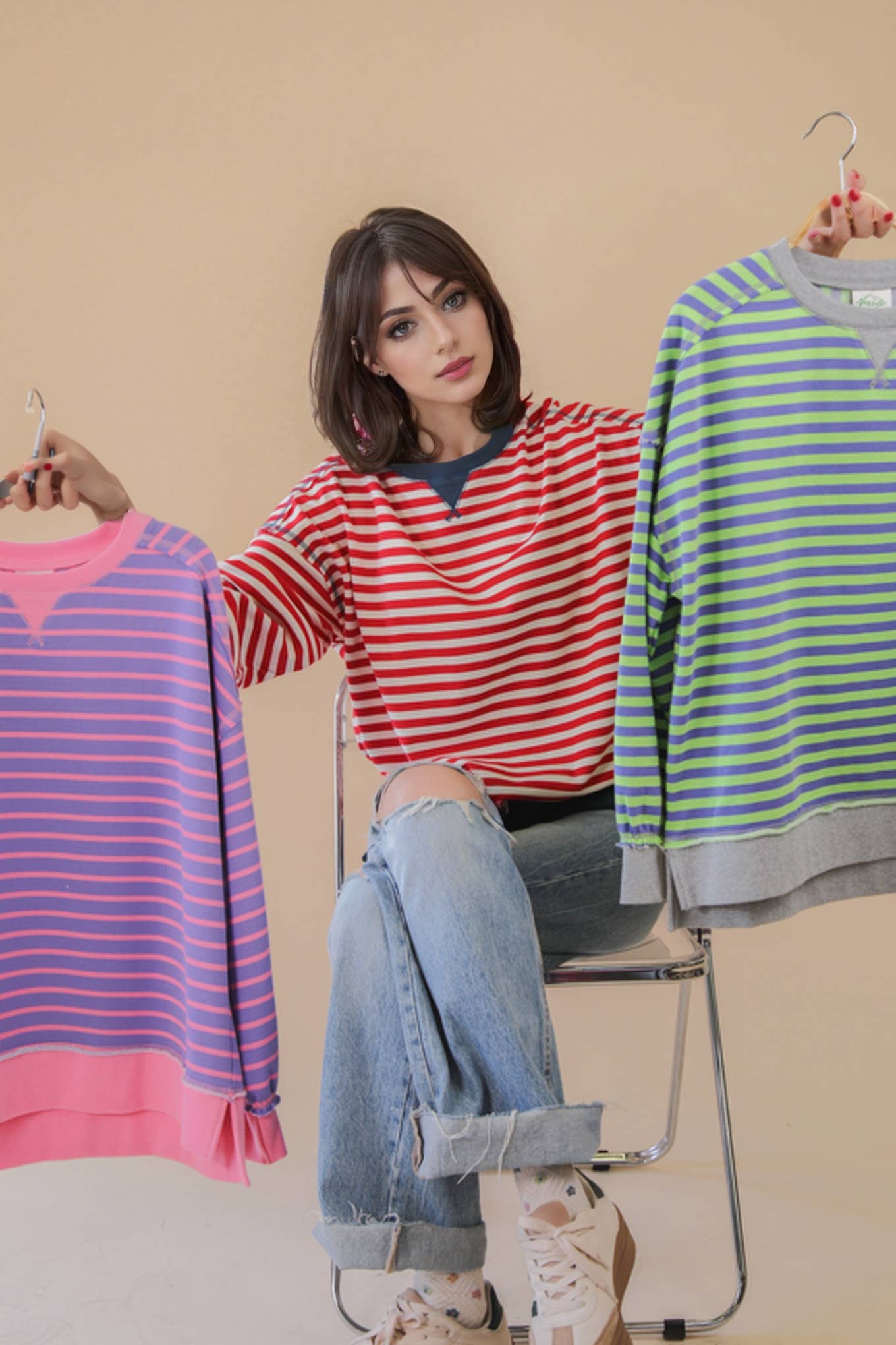 NT11927-Stripe Comfy Casual Oversized Knit Top