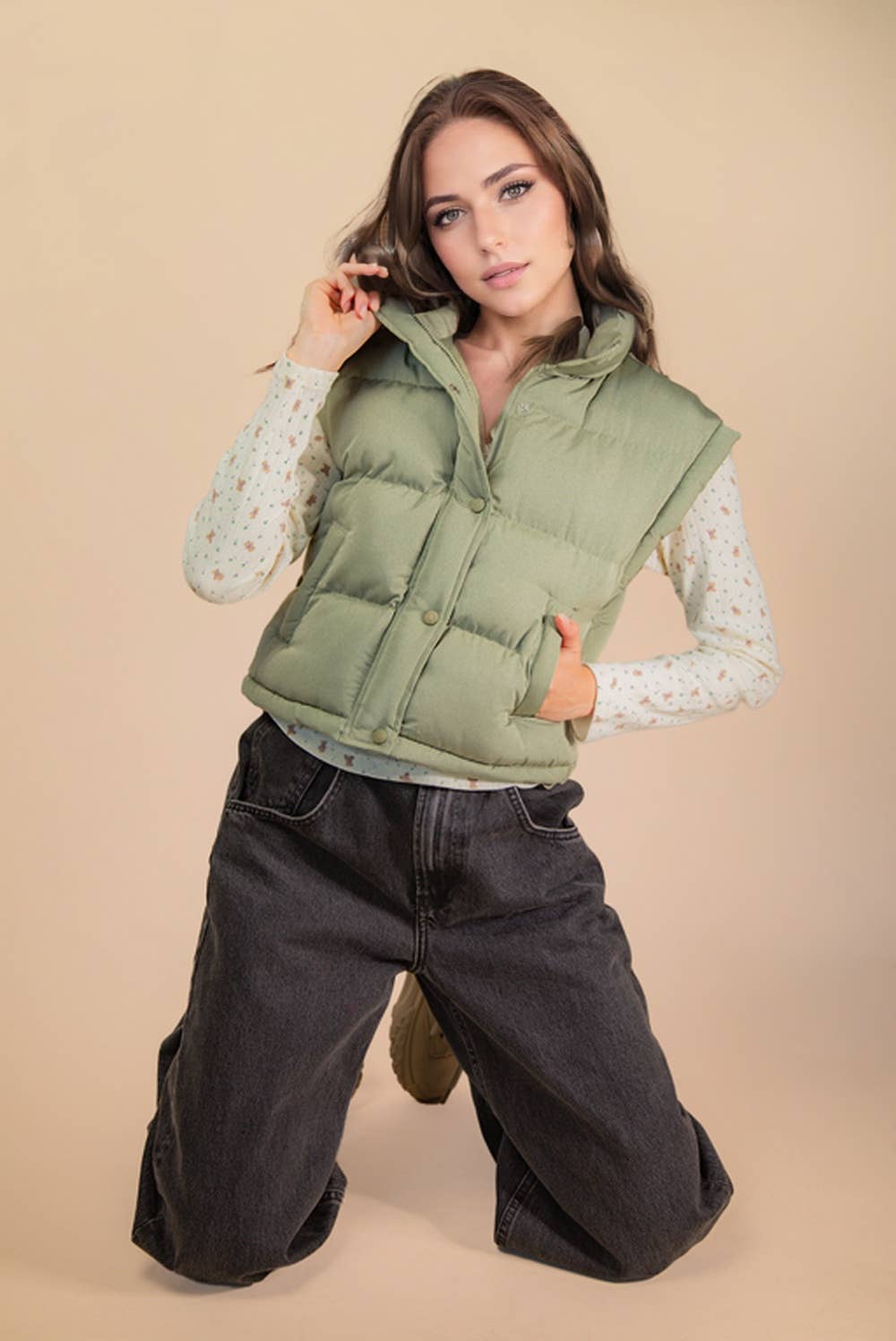 NJ90283-Mock Neck Casual Puffer Vest