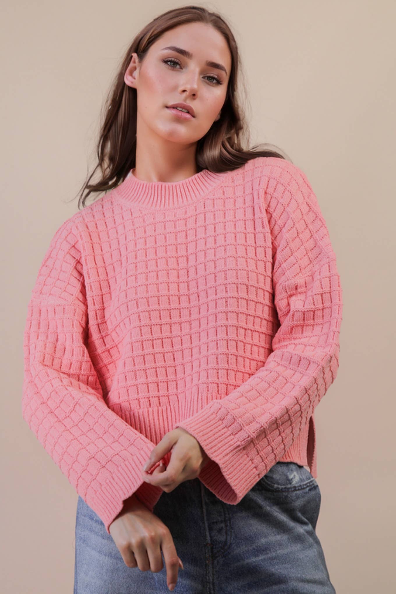 12W3518N-Oversized Textured Solid Casual Knit Sweater Top