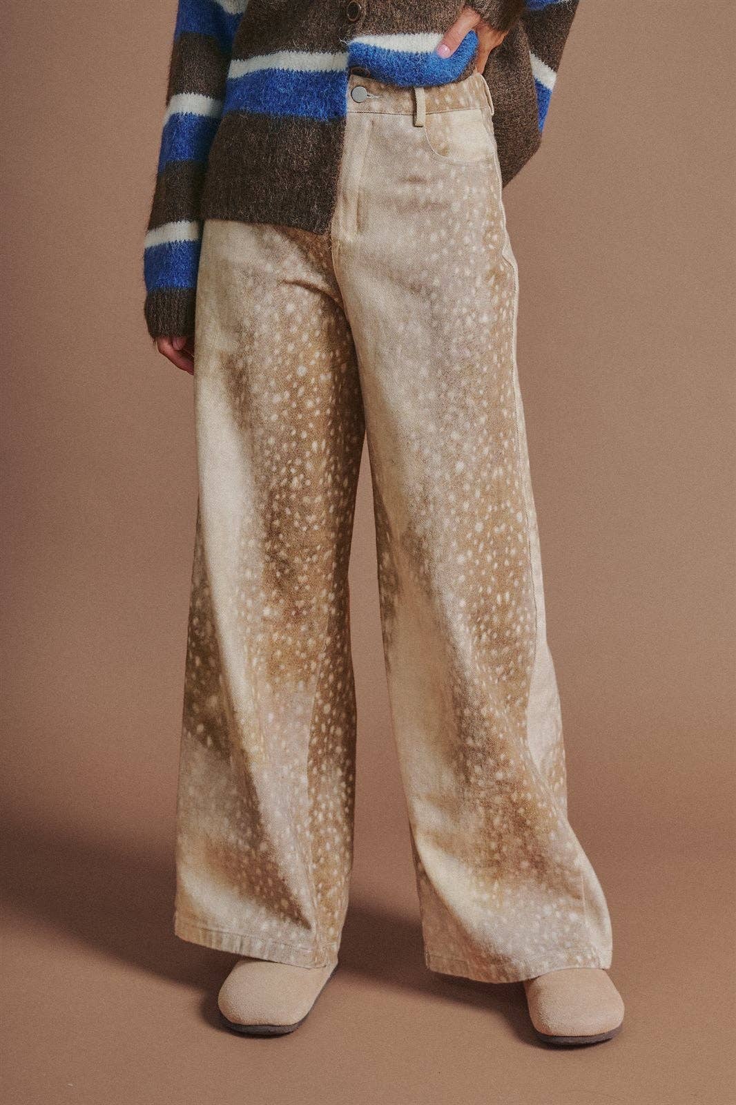 Urban Daizy - Deer Spot Print Wide Leg Cotton Twill Pants