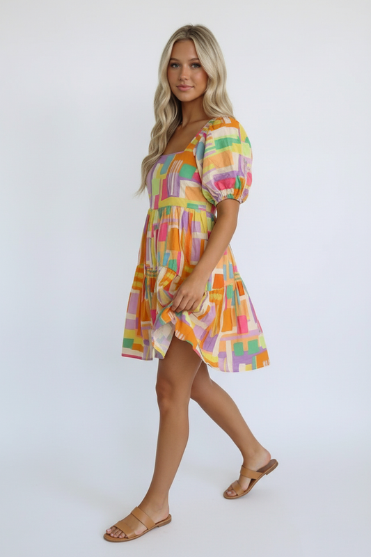 SQUARE NECK BABYDOLL MULTI COLOR DRESS