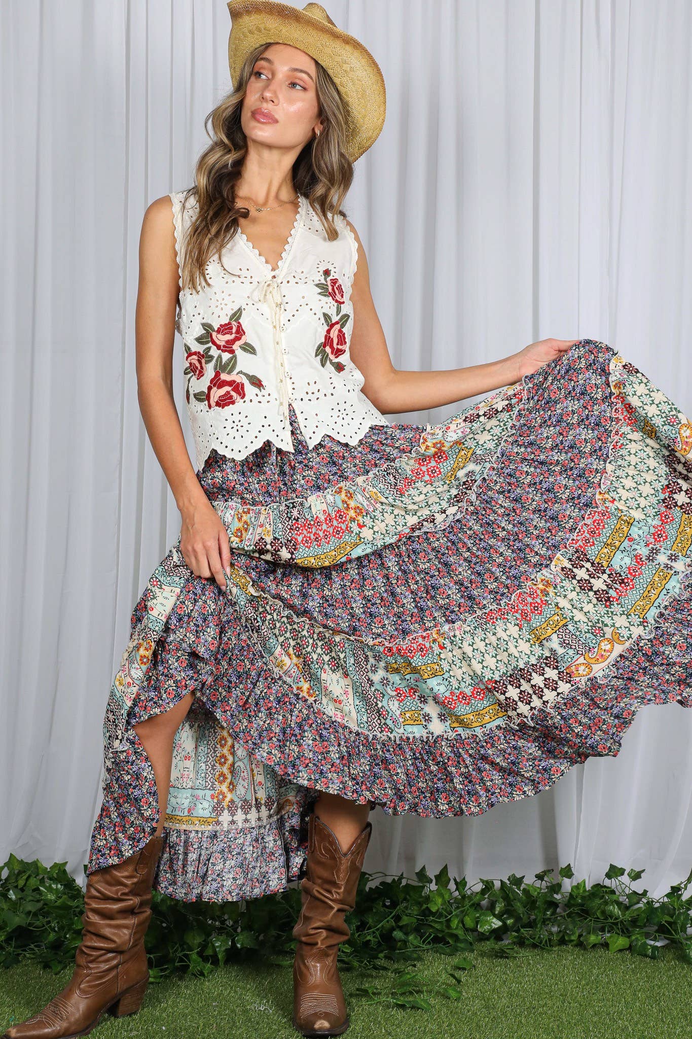 Patchwork Floral Print Bohemian-Inspired Maxi Skirt VS83041