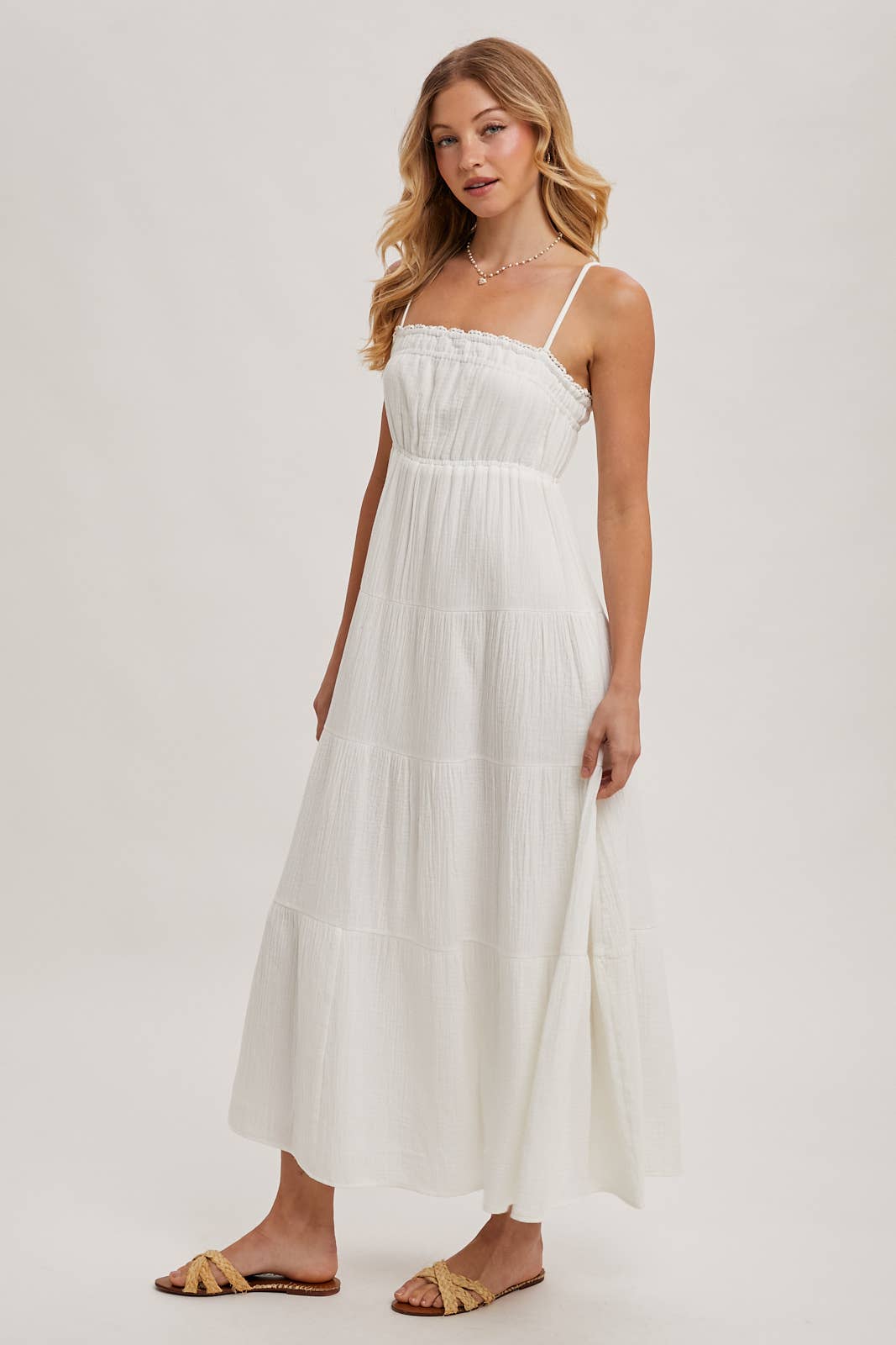 SMOCKED RUFFLE TRIM TIERED MAXI SUNDRES