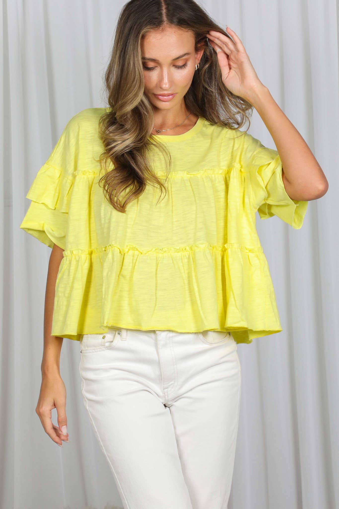 Vine & Love - Ruffle Tired Crew Neck 100%Cotton Top VT83163