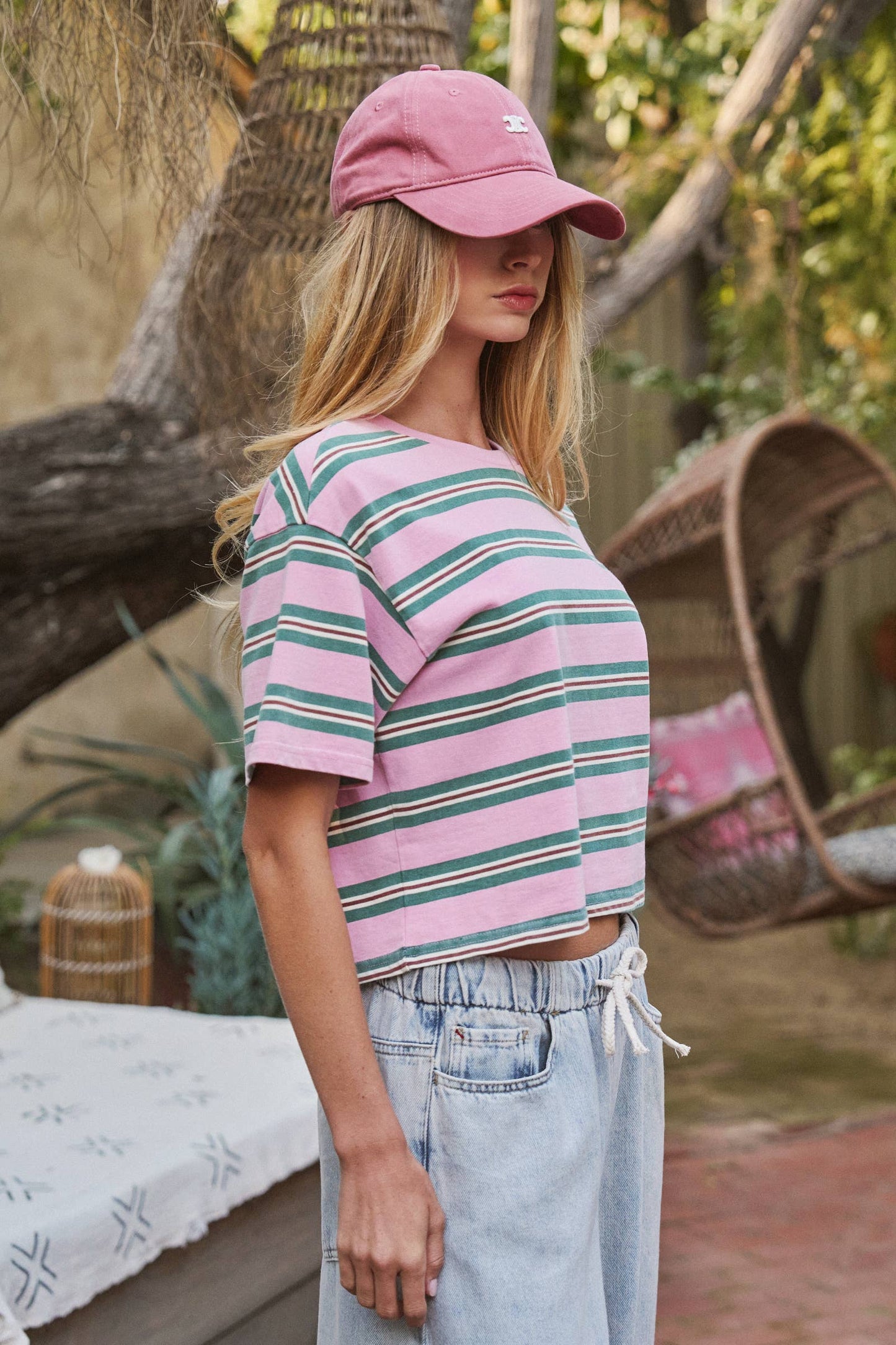 Urban Daizy - Vintage Washed Striped Cotton Crop Tee