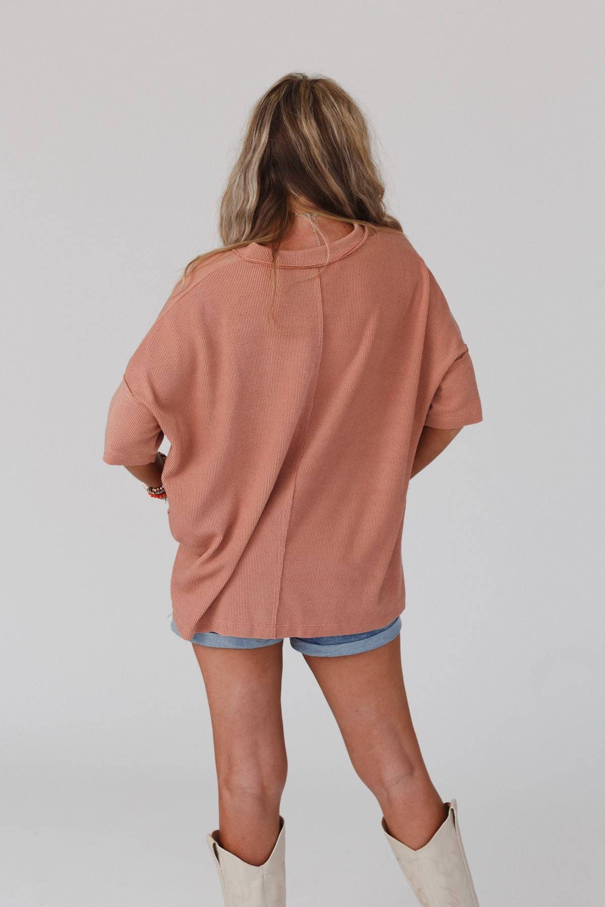 Three Bird Nest - On The Go V Neck Ribbed Essential Tee - Sepia