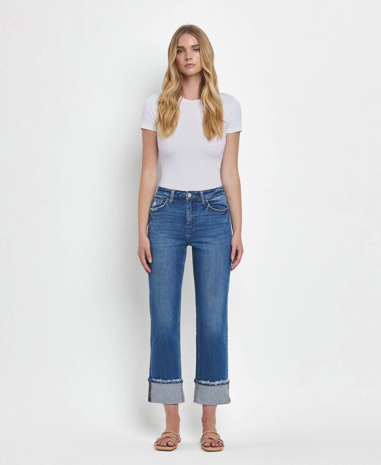HIGH RISE CUFFED STRAIGHT JEANS T6600
