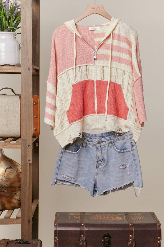Stripe Distressed Knit Hoodie