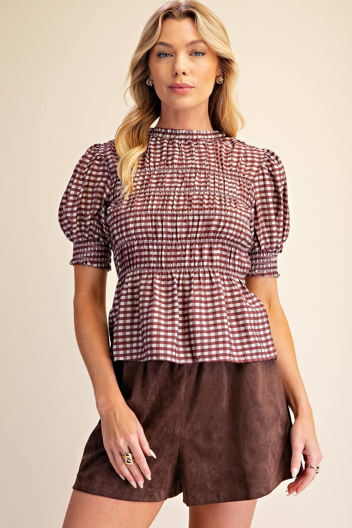 Glam - Plaid Smocked Puff Sleeve Shirt