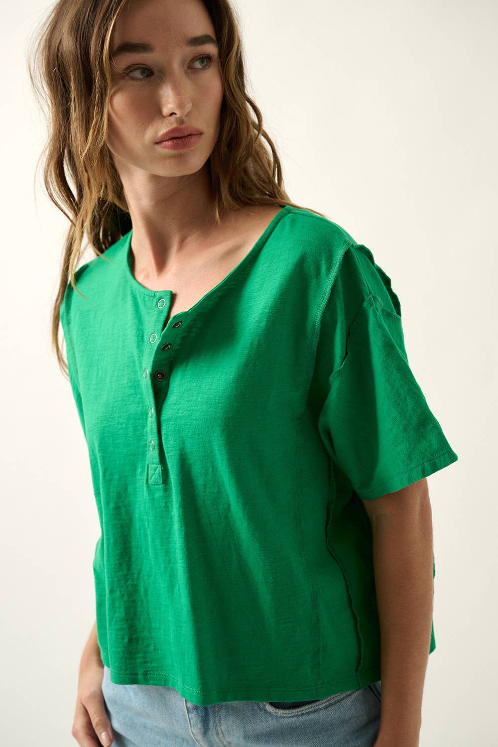 Easy Fit Mineral-Wash Exposed Seam Slub Knit Shirt