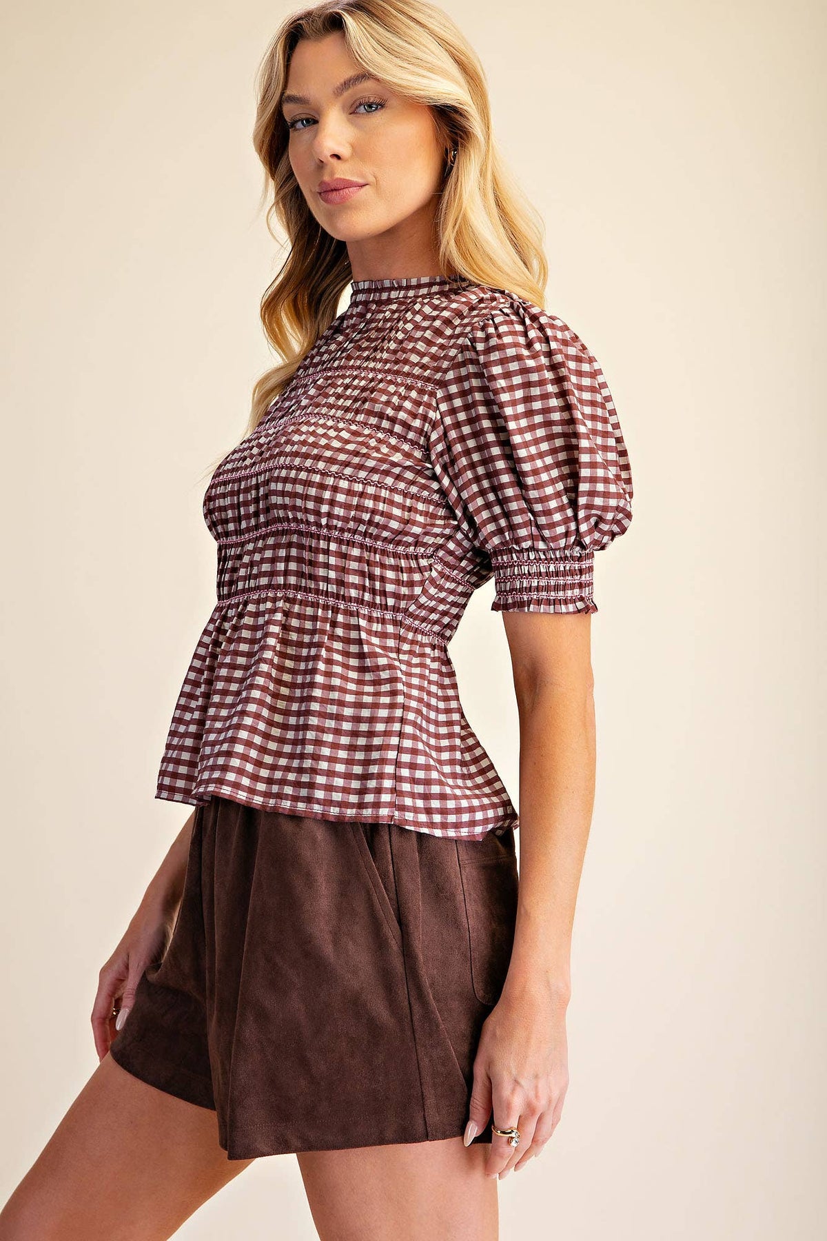 Glam - Plaid Smocked Puff Sleeve Shirt