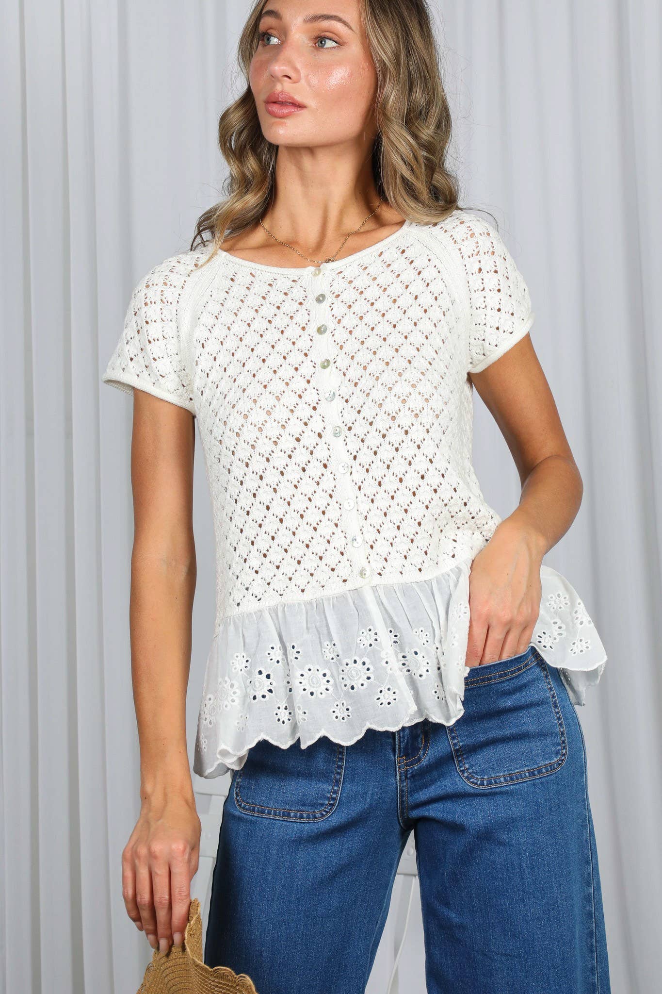 Eyelet Lace Ruffle Hem 100% Cotton Crochet Sweater VT82969
