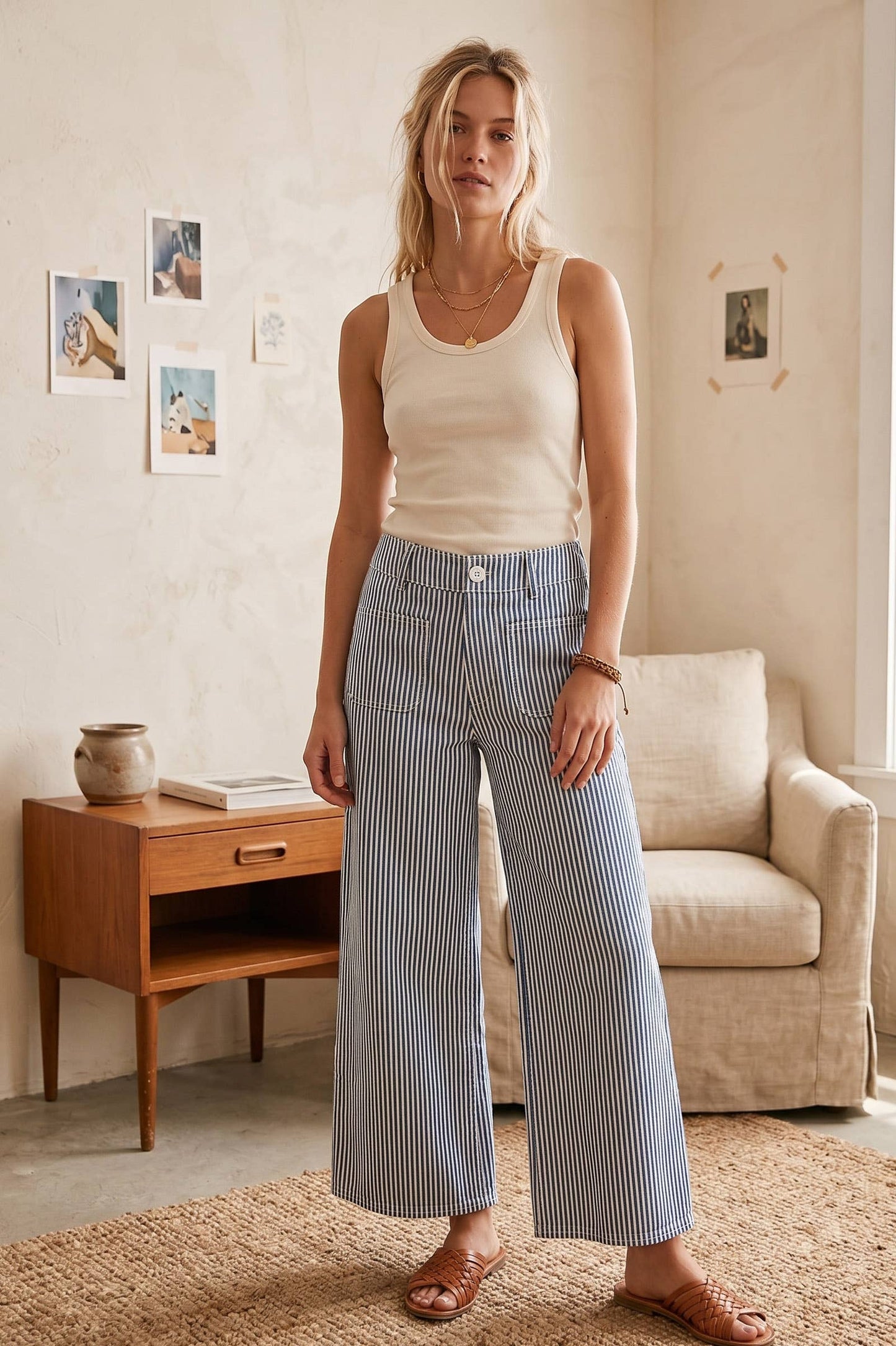 Striped Non Stretch Wide Leg Casual Pants
