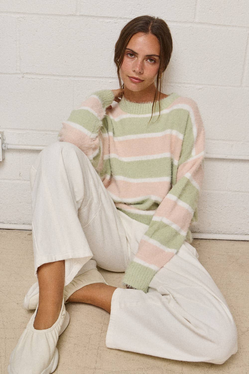PT19021 - Loose Fit Striped Fuzzy Knit Sweater Top