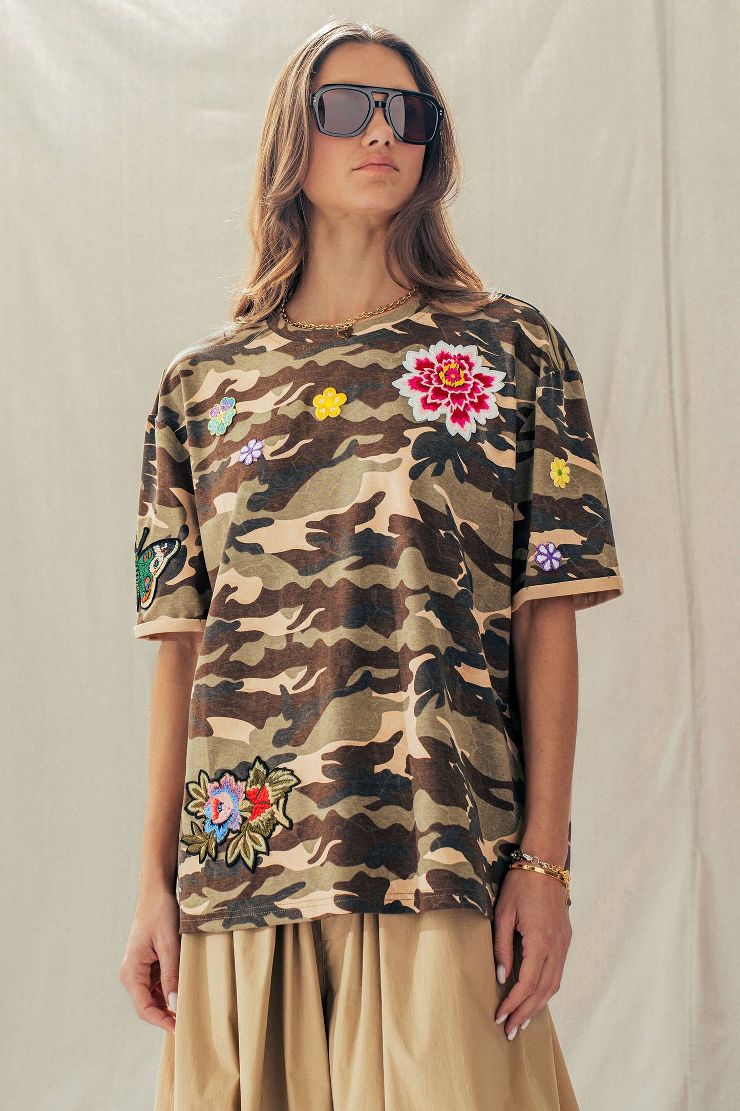 Camo Floral Patch Oversized Cotton Tee