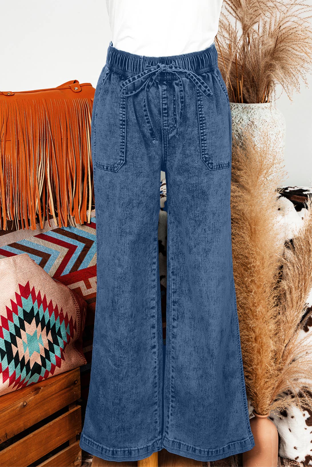 Fall Mineral Wash Drawstring Loose Straight Denim Pants