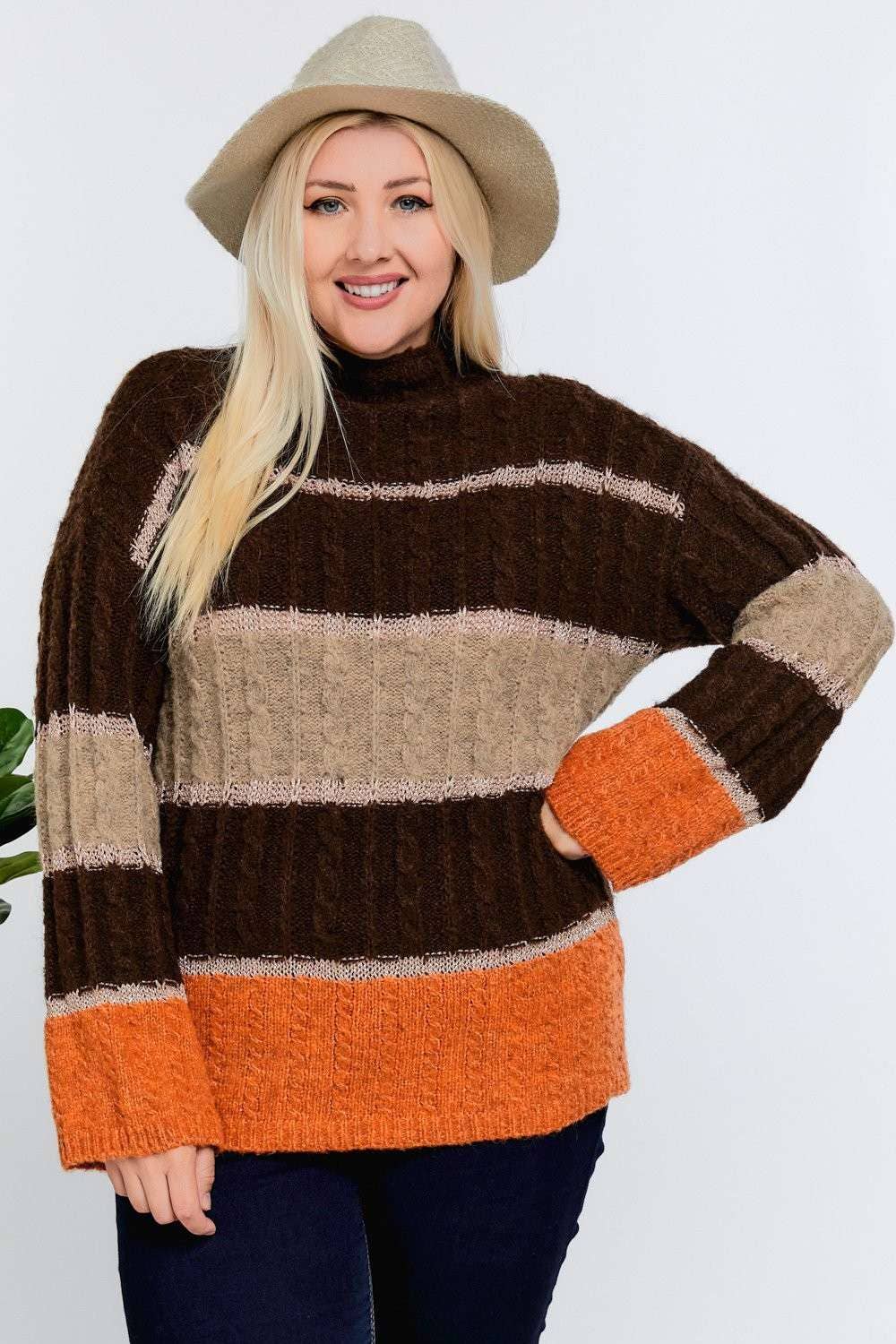 PLUS COLOR BLOCK MOCK NECK LONG SLEEVE SWEATER