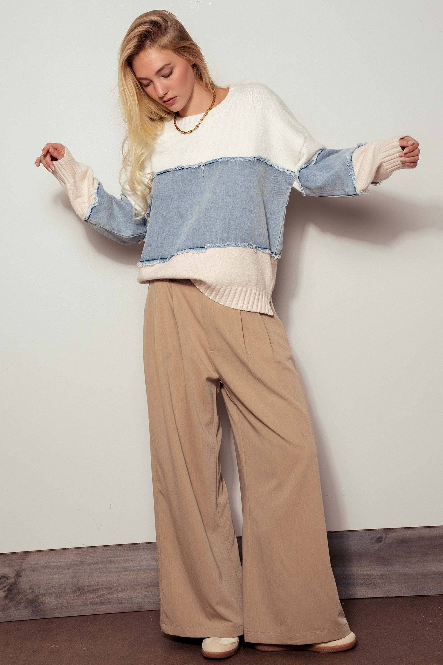 Colorblock Distressed Denim Patchwork Knit Sweater