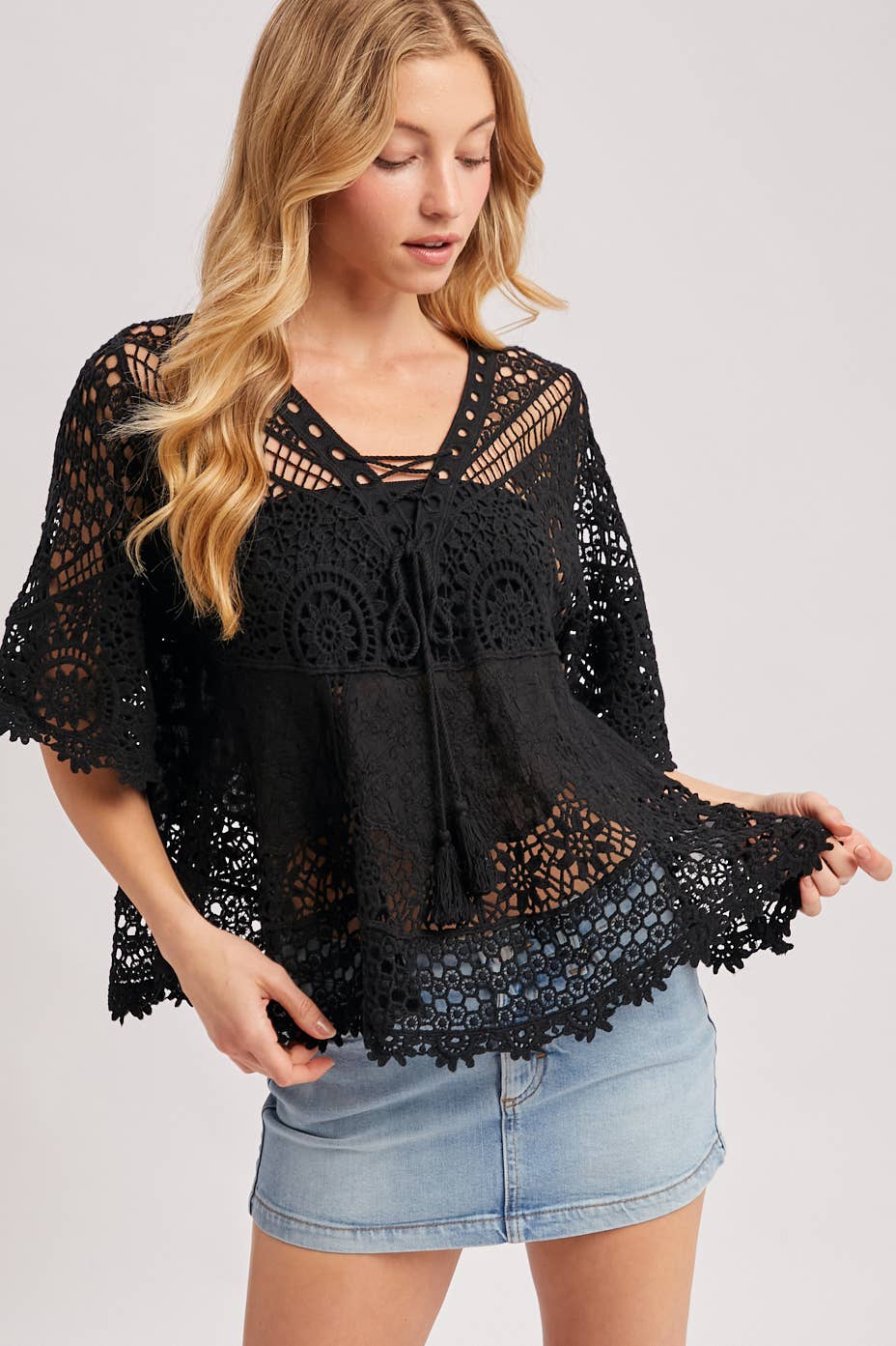 Bluivy - BOHO SHEER CROCHET LACE TOP WITH TASSELS