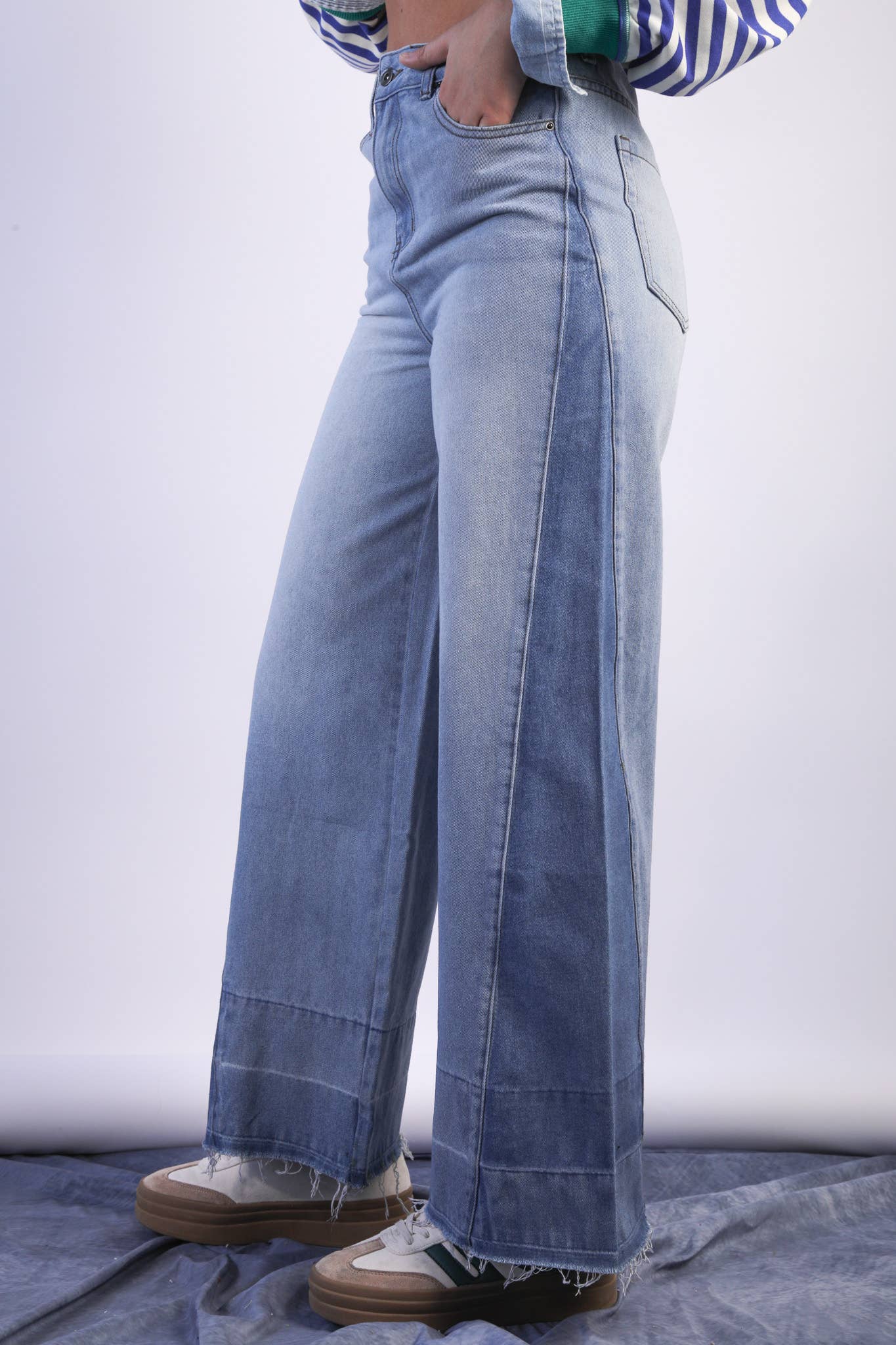 VJP90031-VERY JEAN Wide Leg Color Block Washed Denim Jean