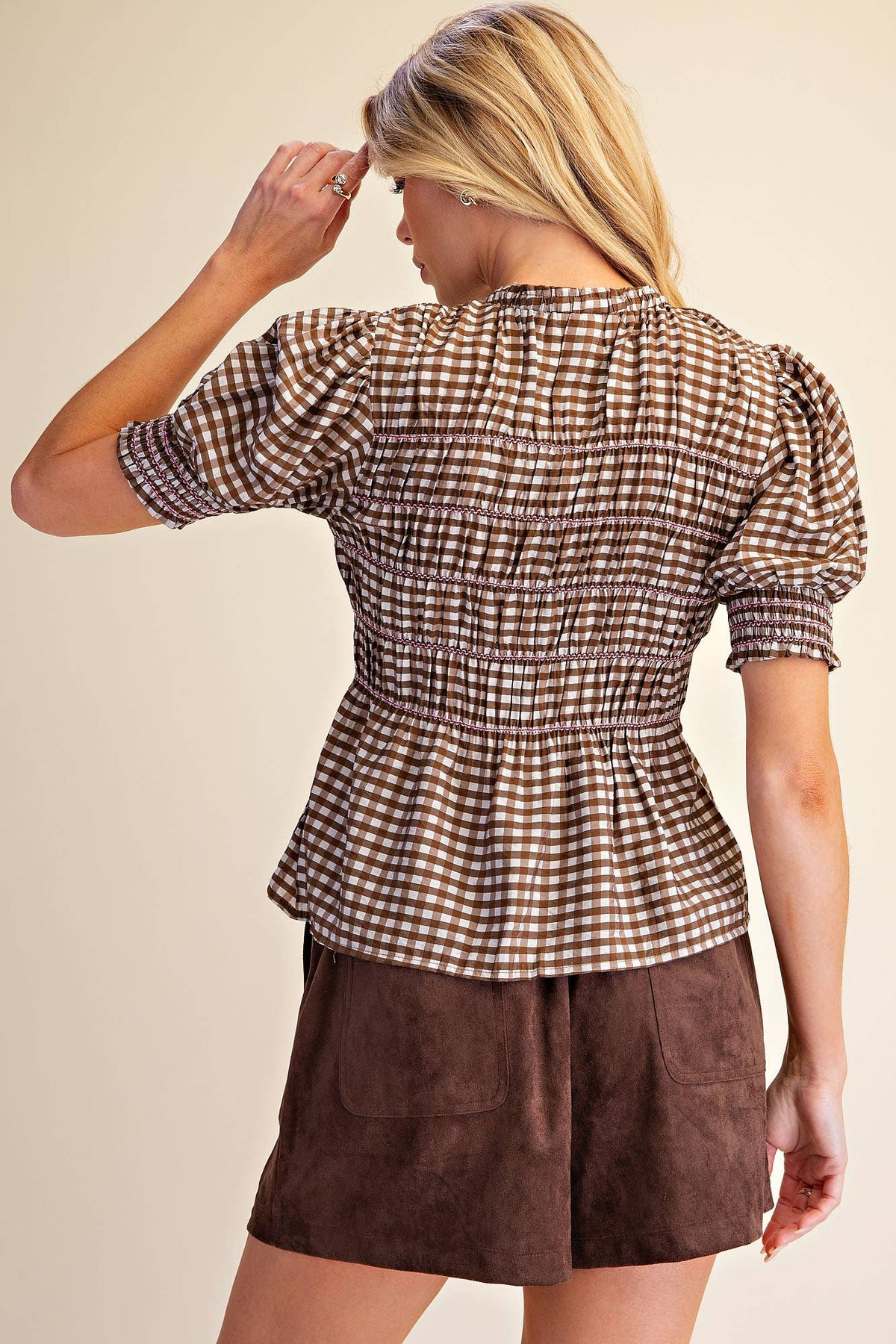 Glam - Plaid Smocked Puff Sleeve Shirt