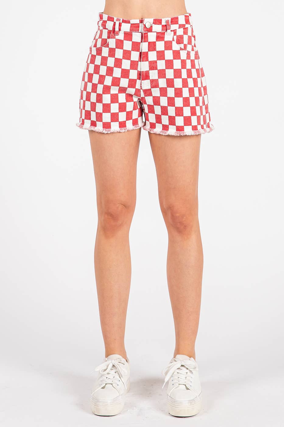 GAME DAY CHECKERED FRAYED HEM CASUAL SHORTS