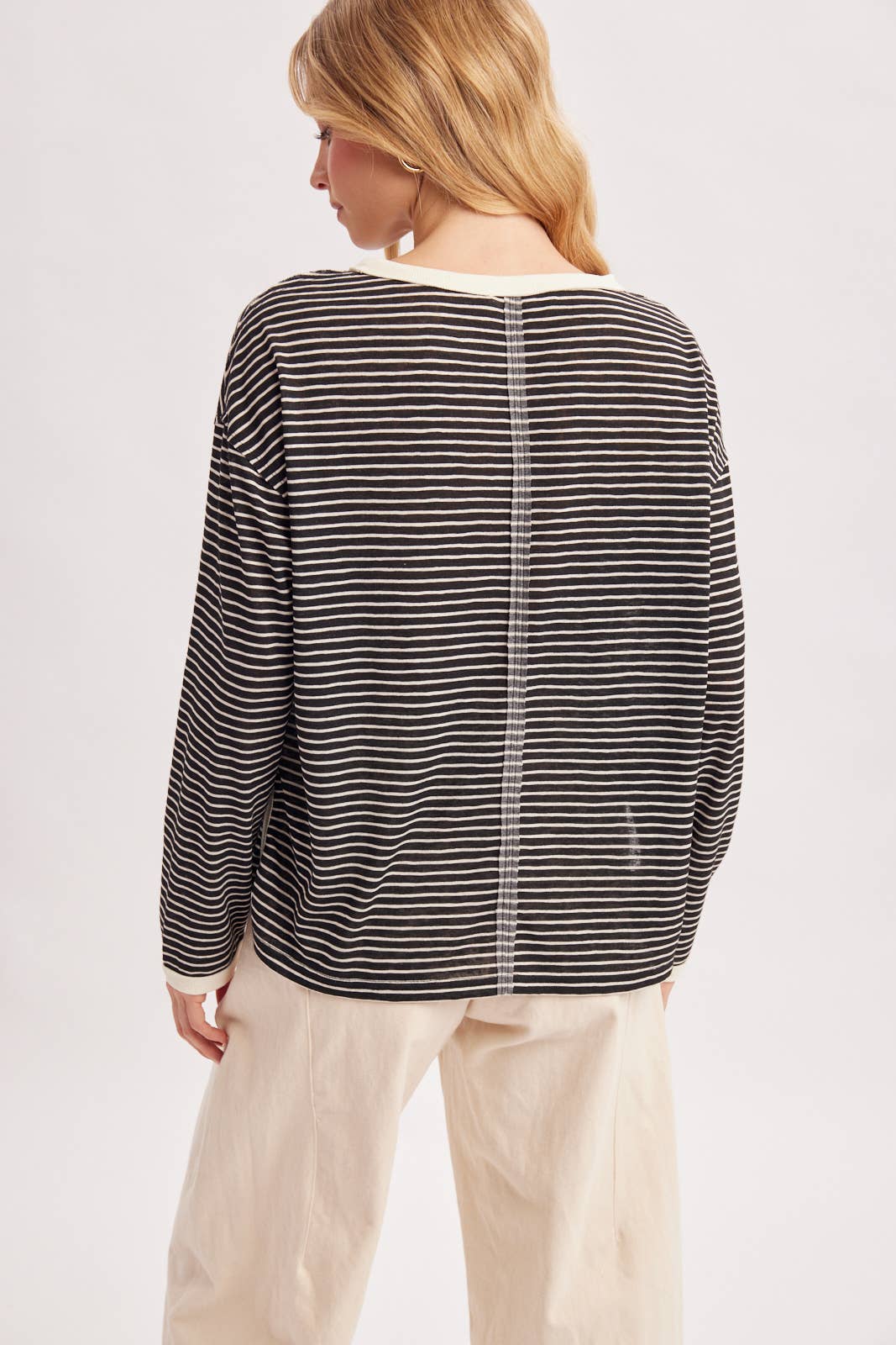 OVERSIZED BOXY STRIPED KNIT LONG SLEEVE TOP