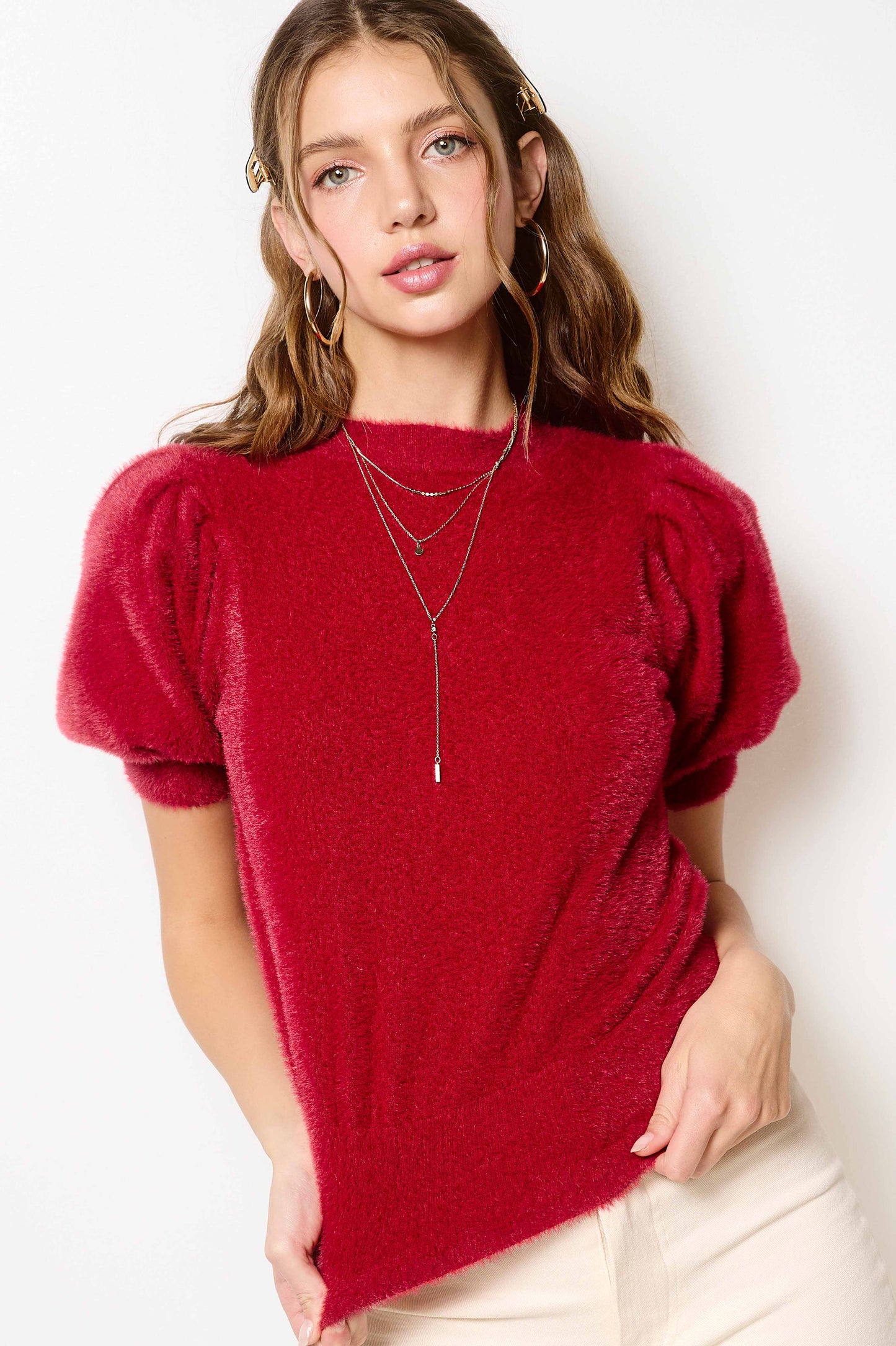 JCS3554-Soft Mohair Puff Short Sleeve Knit Top