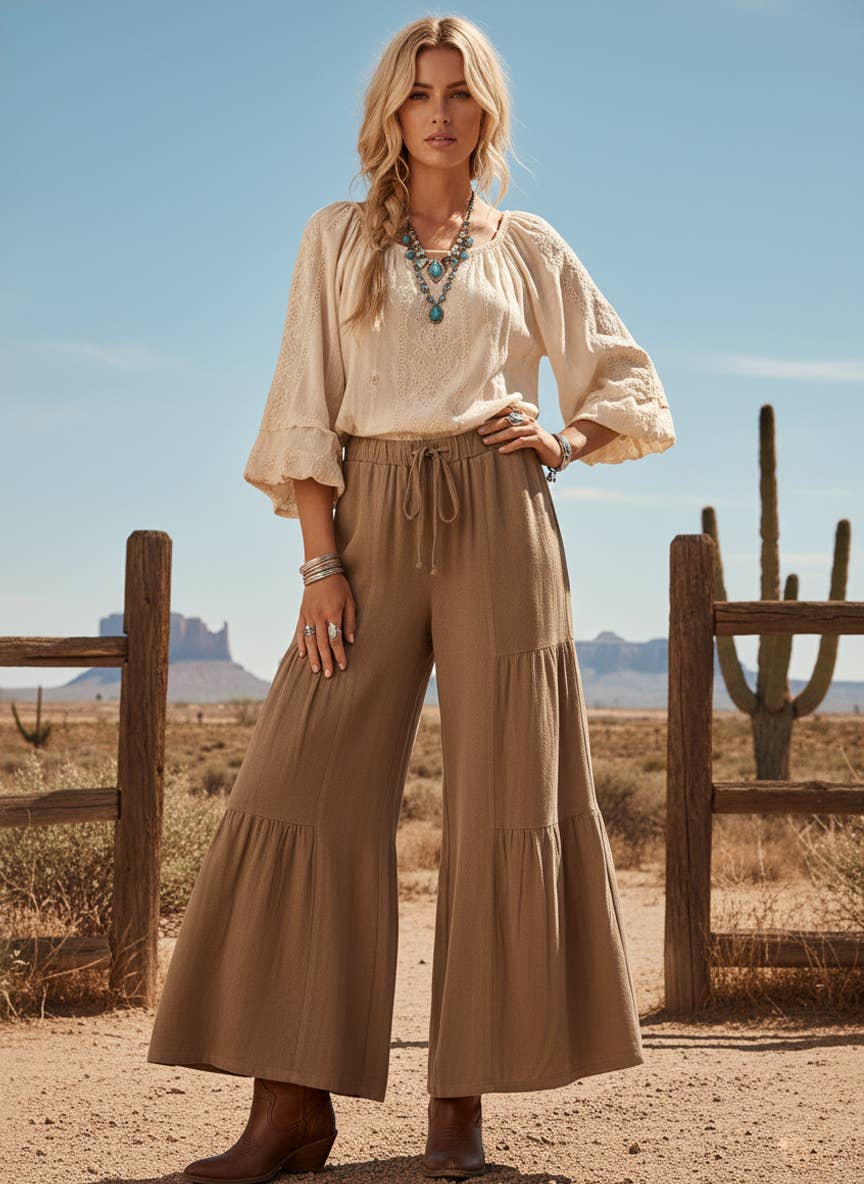 Linen Blend Tiered Wide Leg Palazzo Pants