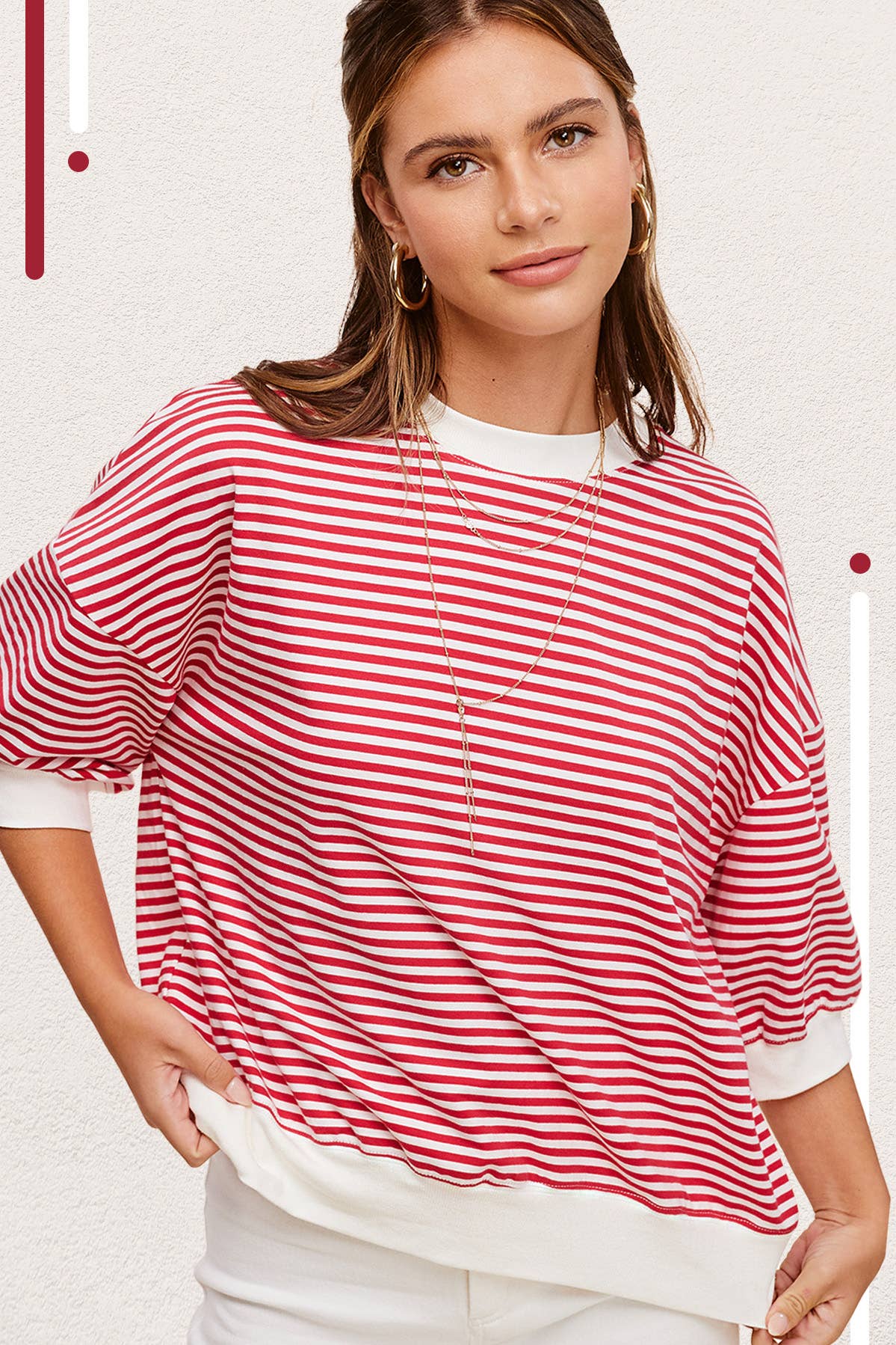 MCT7688-Loose Fit Striped Short Sleeve Crew Neckline Top